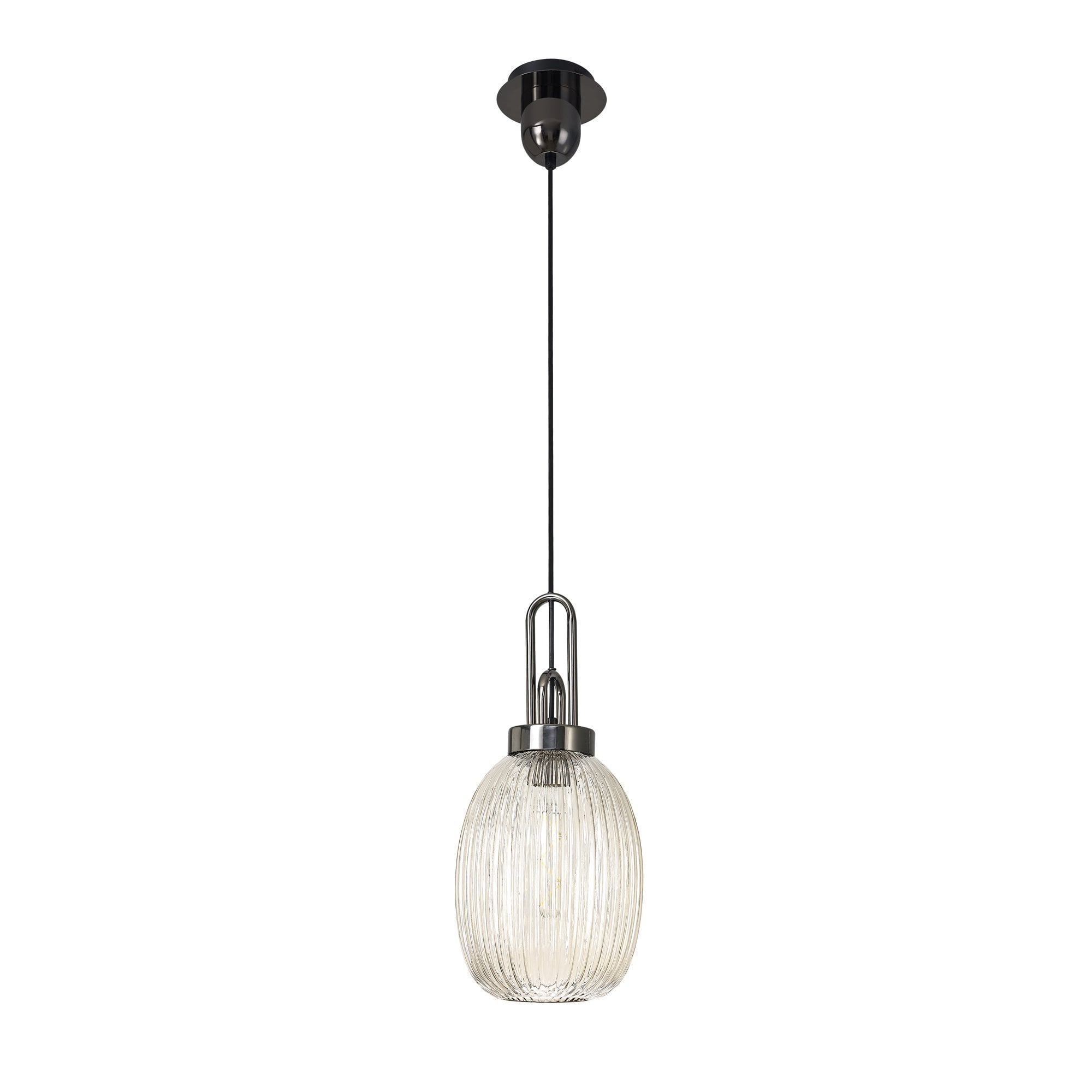 Fabula Springfield Single Pendant - 20cm Almond Ribbed Glass Shade - Black Chrome & Champagne Glass