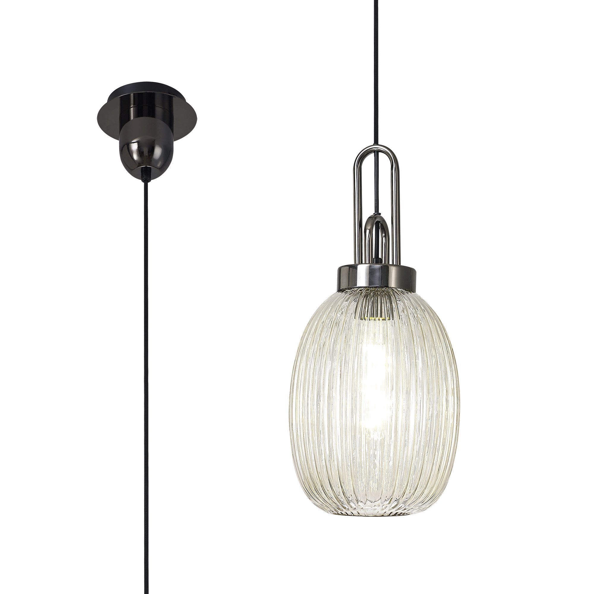 Fabula Springfield Single Pendant - 20cm Almond Ribbed Glass Shade - Black Chrome & Champagne Glass