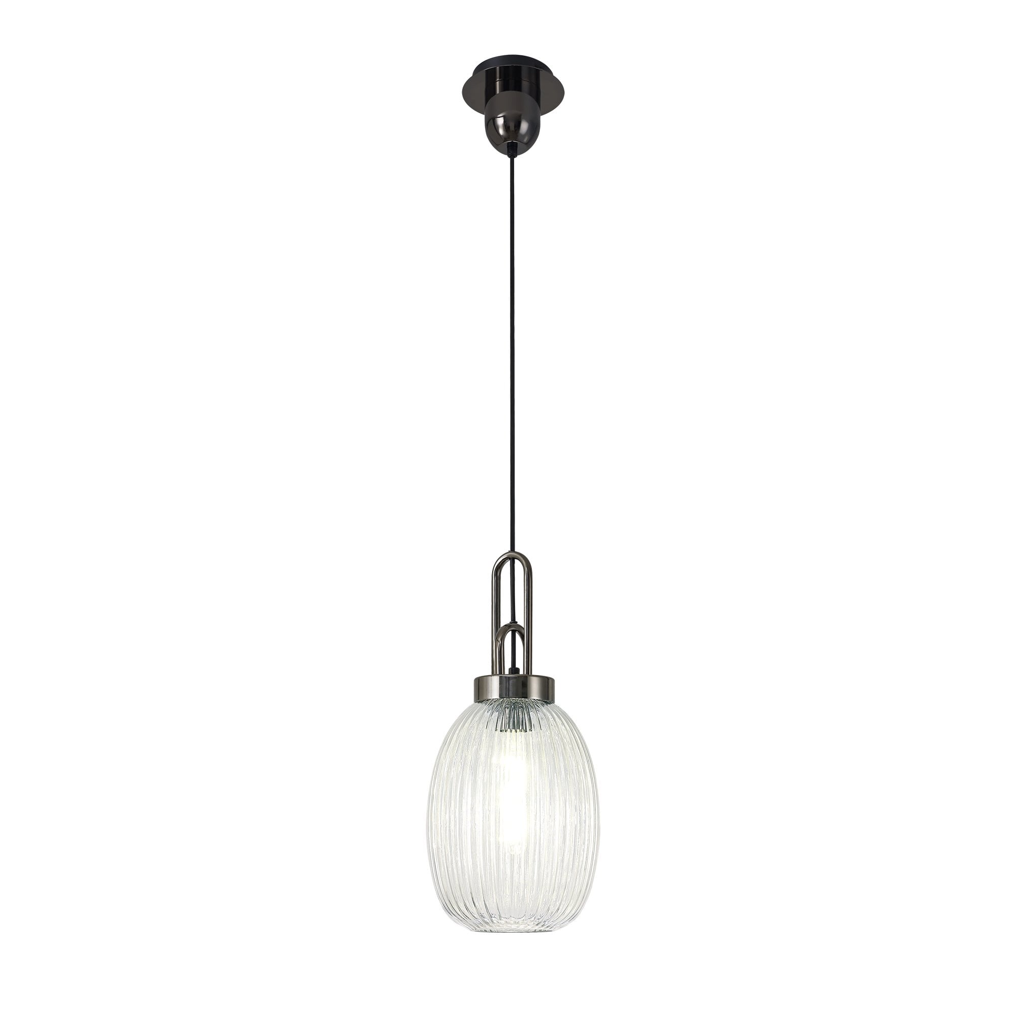 Fabula Springfield Single Pendant - 20cm Almond Ribbed Glass Shade - Black Chrome & Clear Glass
