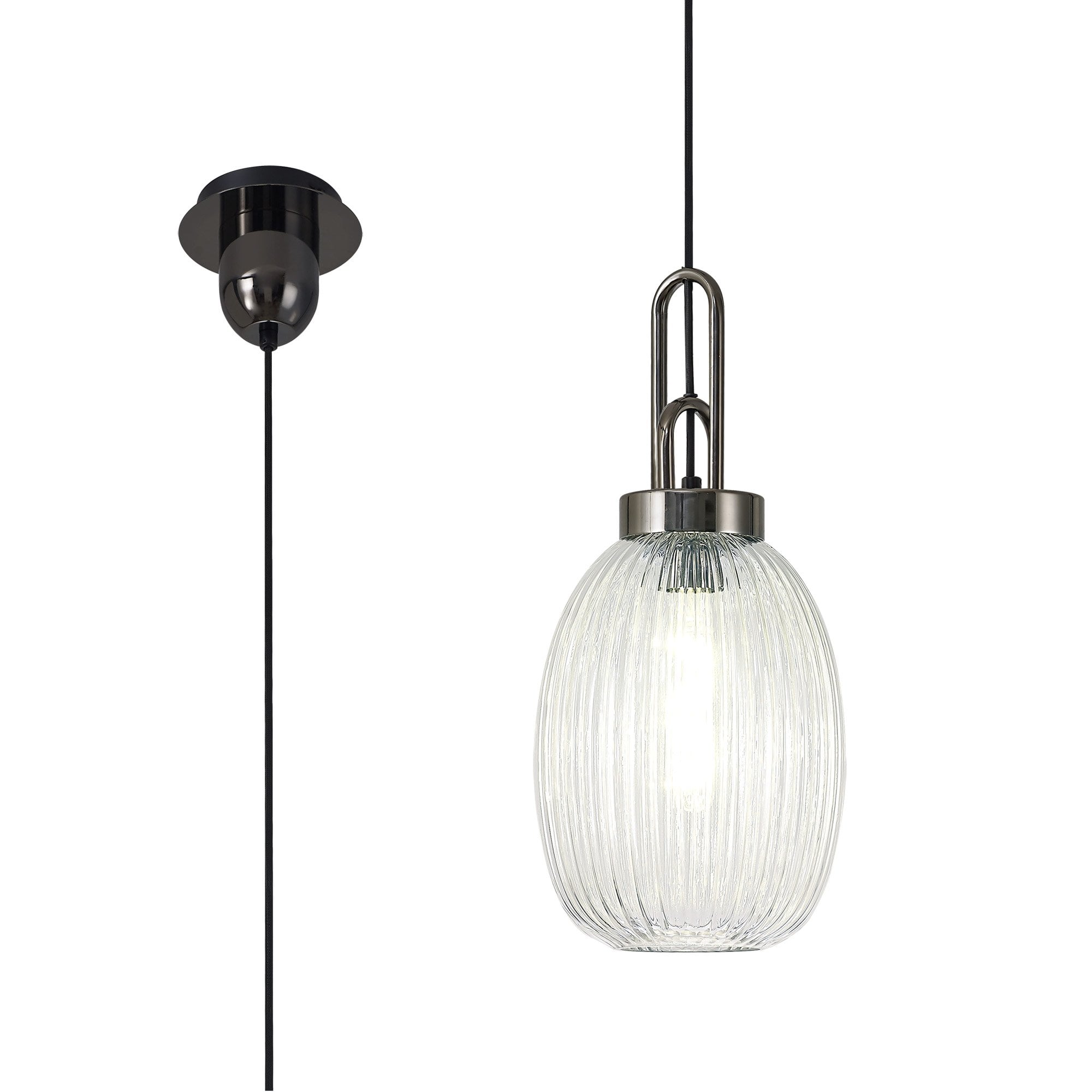 Fabula Springfield Single Pendant - 20cm Almond Ribbed Glass Shade - Black Chrome & Clear Glass