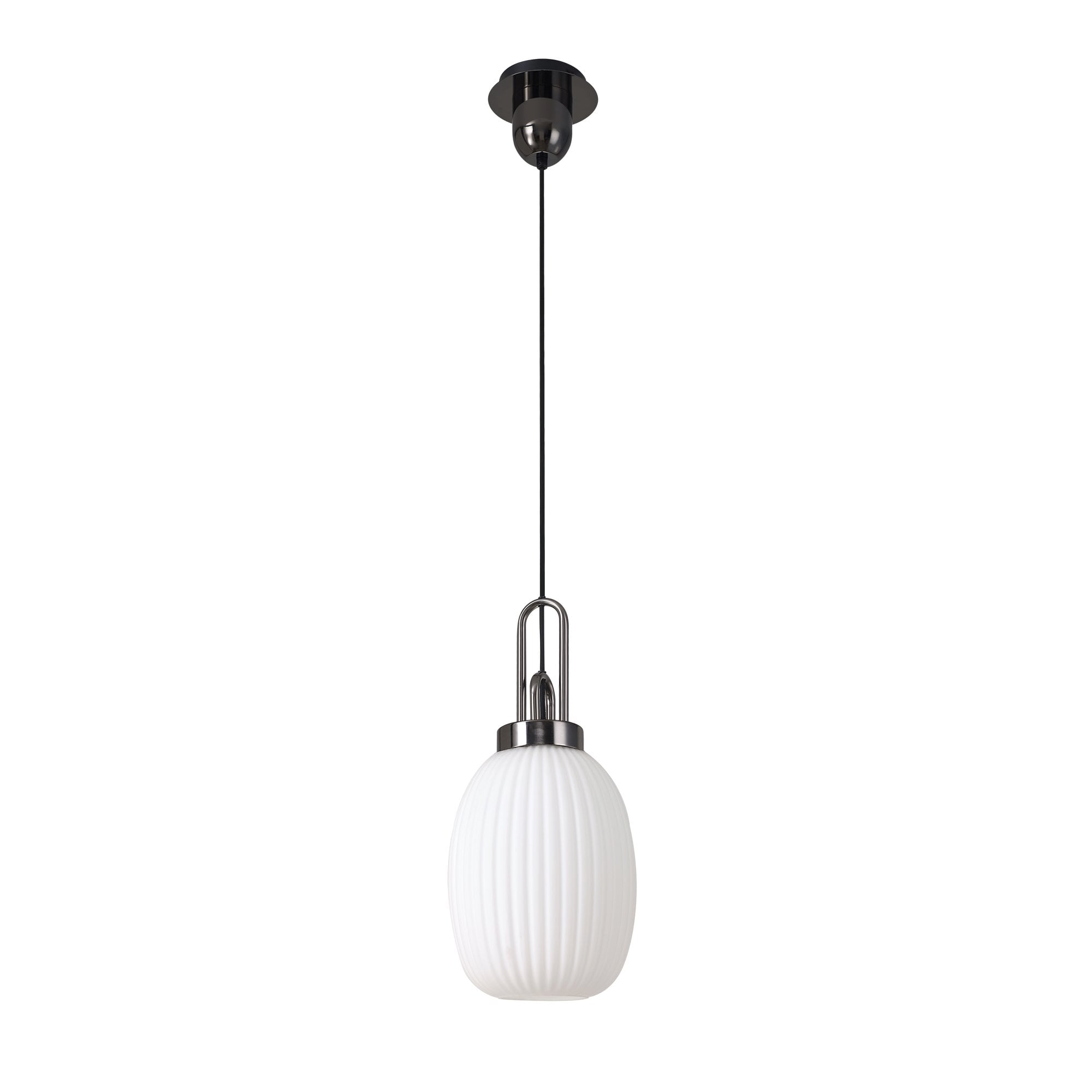 Fabula Springfield Single Pendant - 20cm Almond Ribbed Glass Shade - Black Chrome & Opal Glass