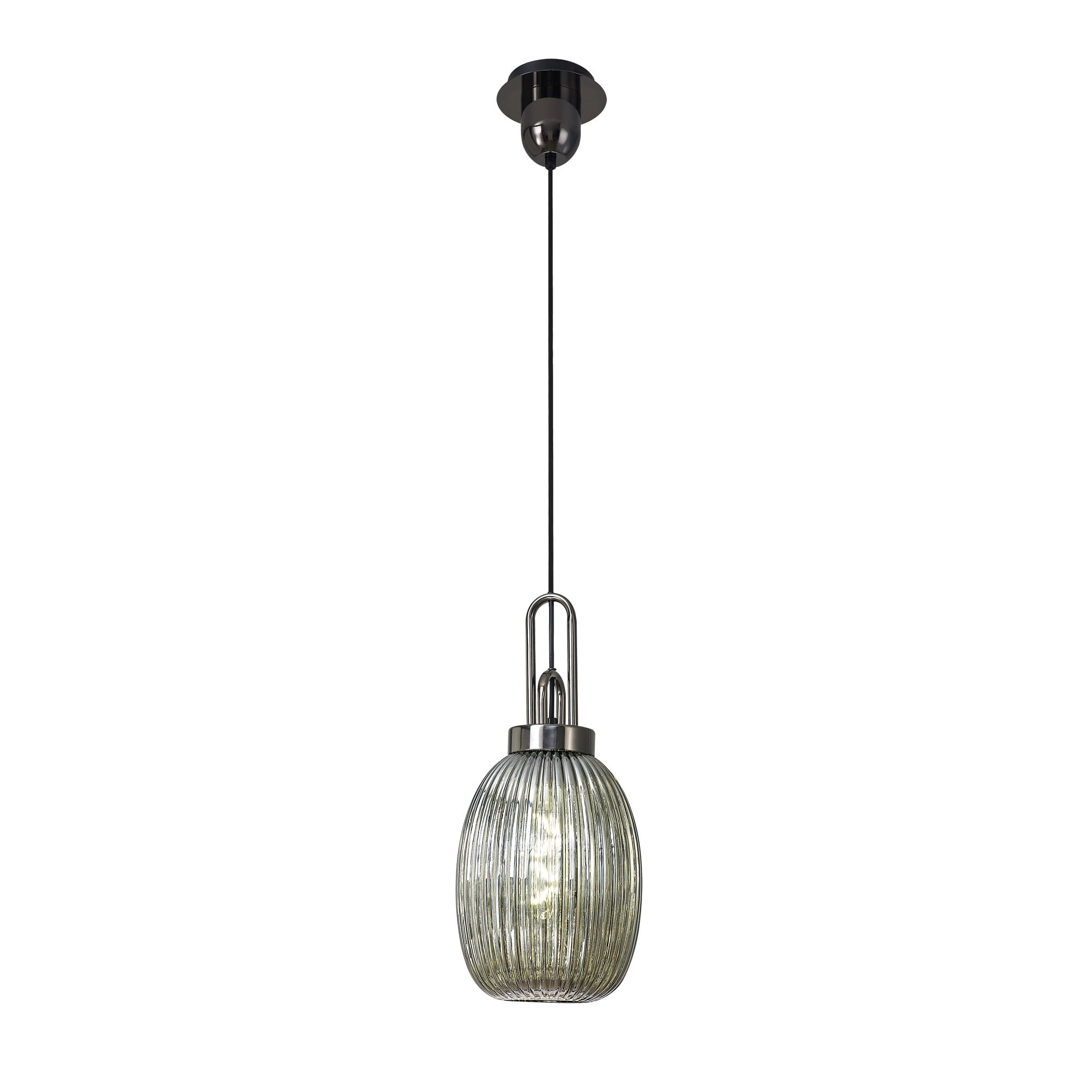 Fabula Springfield Single Pendant - 20cm Almond Ribbed Glass Shade - Black Chrome & Smoked Glass