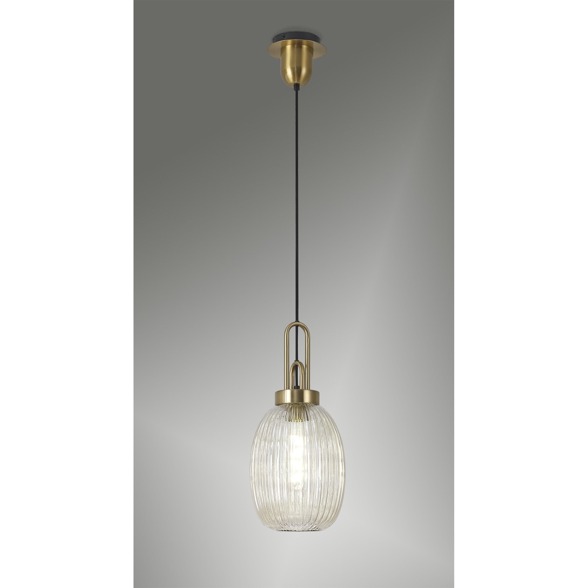 Fabula Springfield Single Pendant - 20cm Almond Ribbed Glass Shade - Brass Gold & Champagne Glass