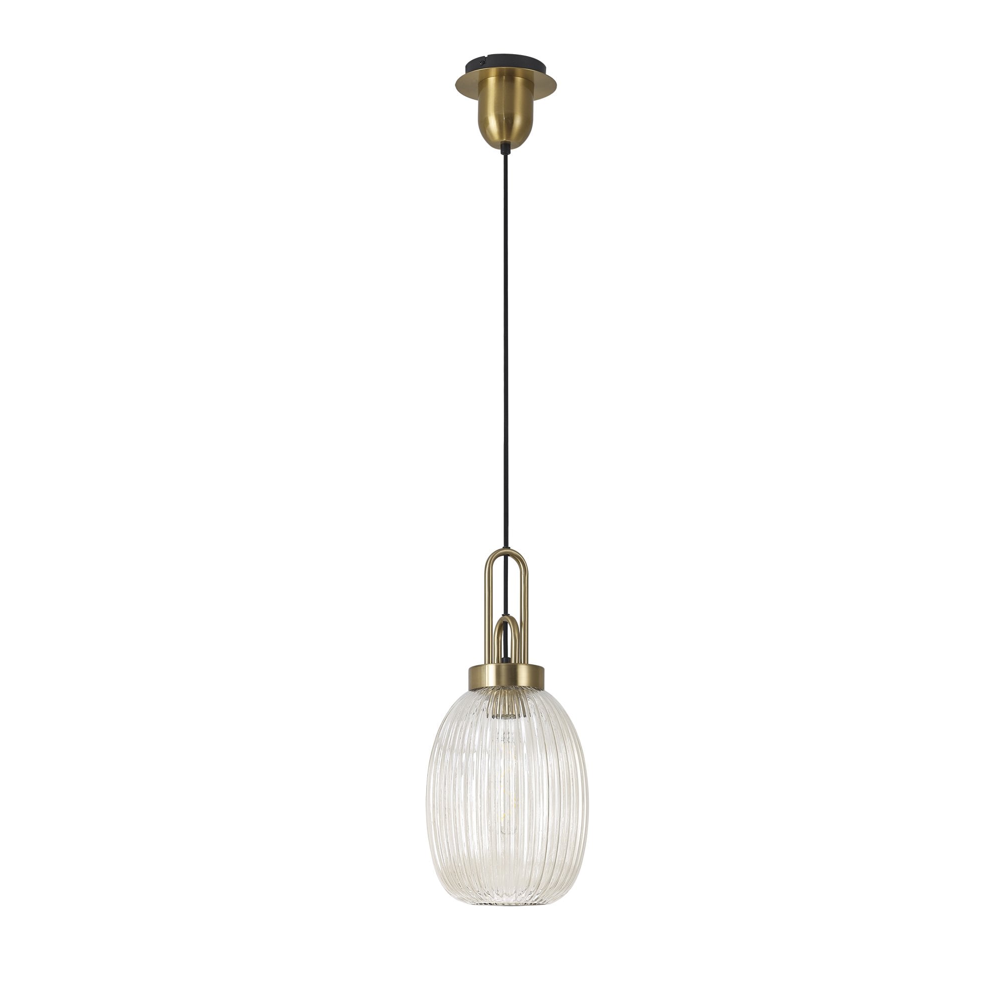 Fabula Springfield Single Pendant - 20cm Almond Ribbed Glass Shade - Brass Gold & Champagne Glass