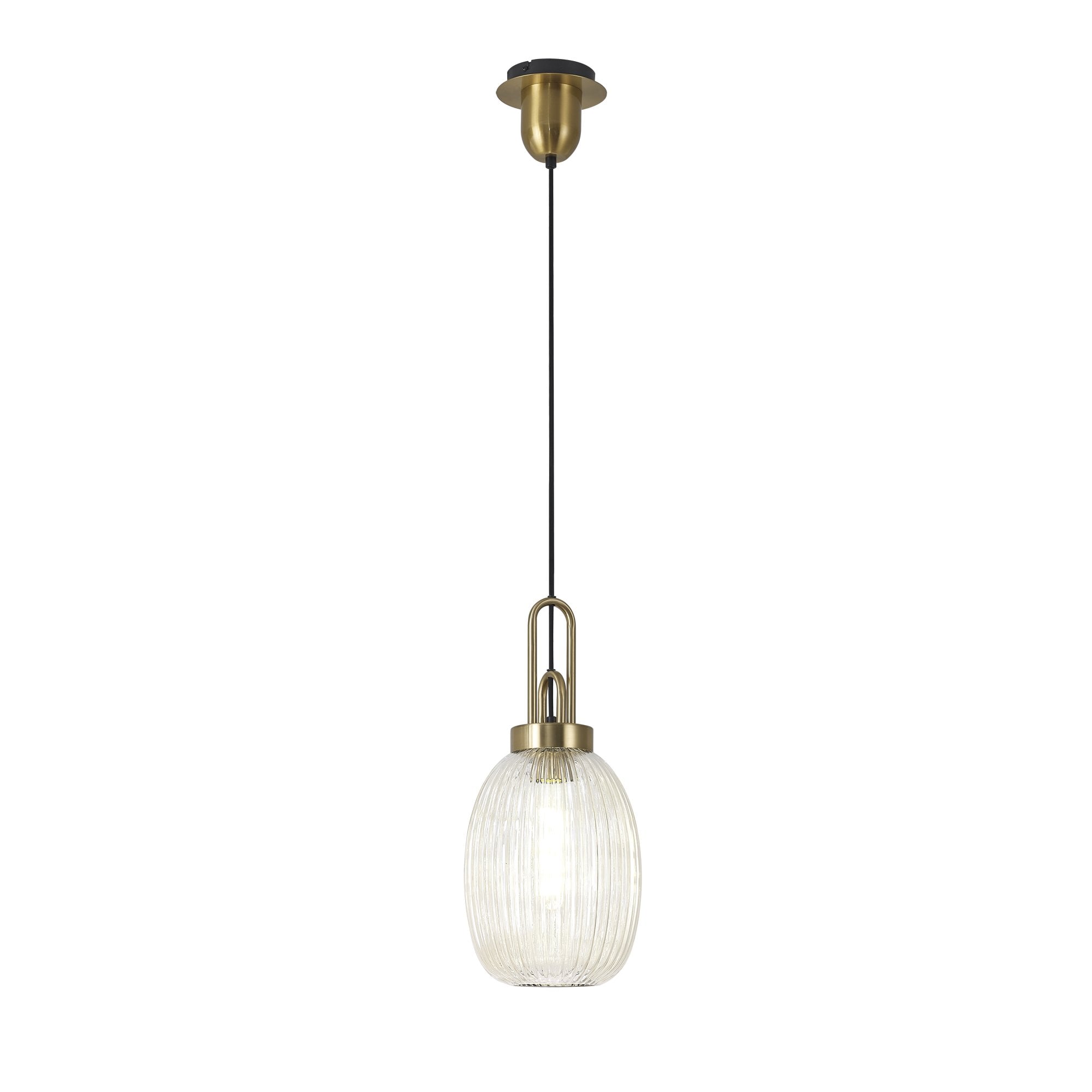 Fabula Springfield Single Pendant - 20cm Almond Ribbed Glass Shade - Brass Gold & Champagne Glass