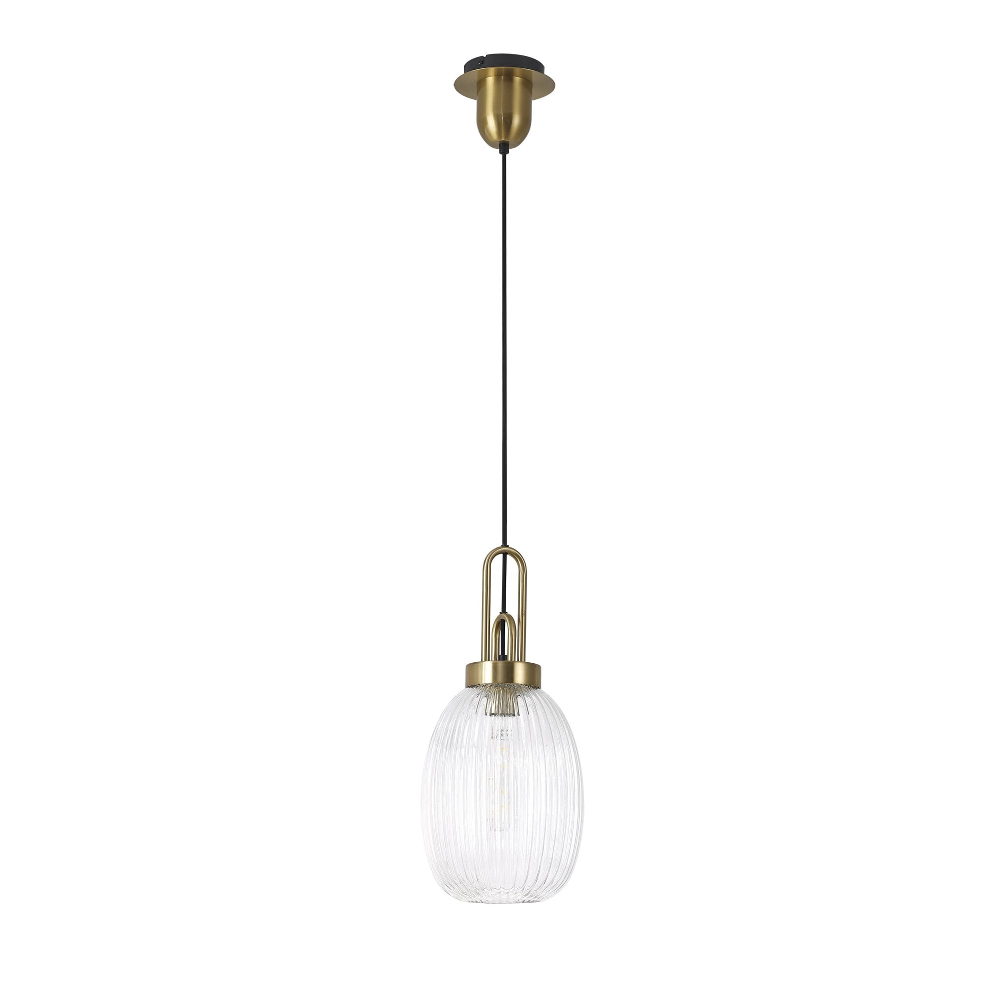 Fabula Springfield Single Pendant - 20cm Almond Ribbed Glass Shade - Brass Gold & Clear Glass