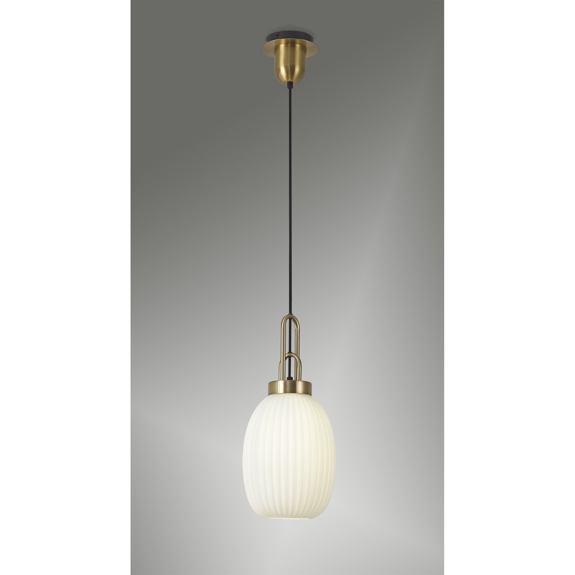 Fabula Springfield Single Pendant - 20cm Almond Ribbed Glass Shade - Brass Gold & Opal Glass