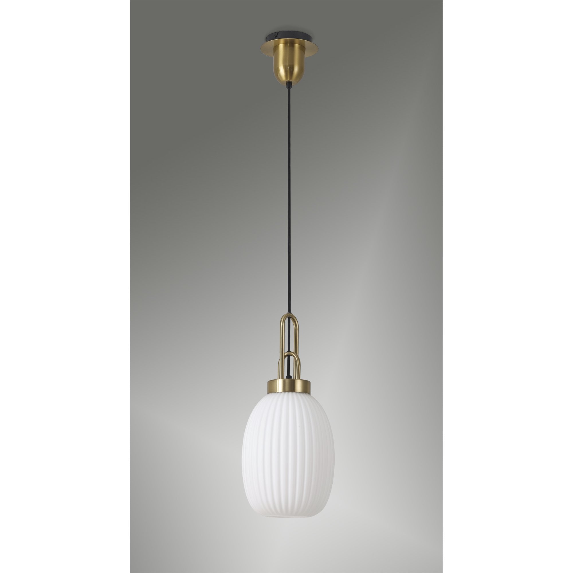 Fabula Springfield Single Pendant - 20cm Almond Ribbed Glass Shade - Brass Gold & Opal Glass