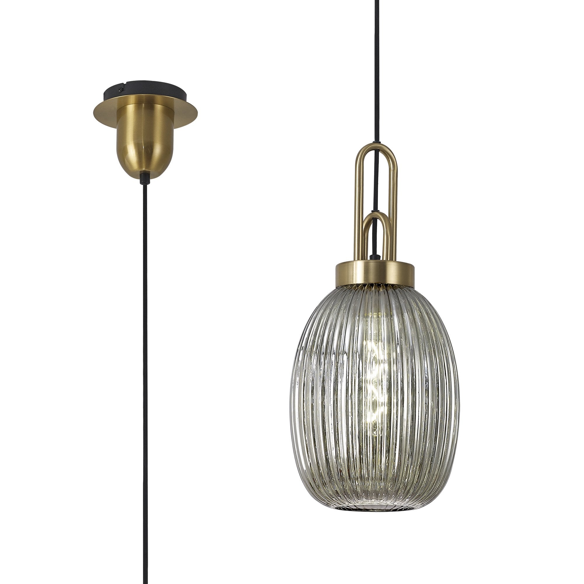 Fabula Springfield Single Pendant - 20cm Almond Ribbed Glass Shade - Brass Gold & Smoked Glass