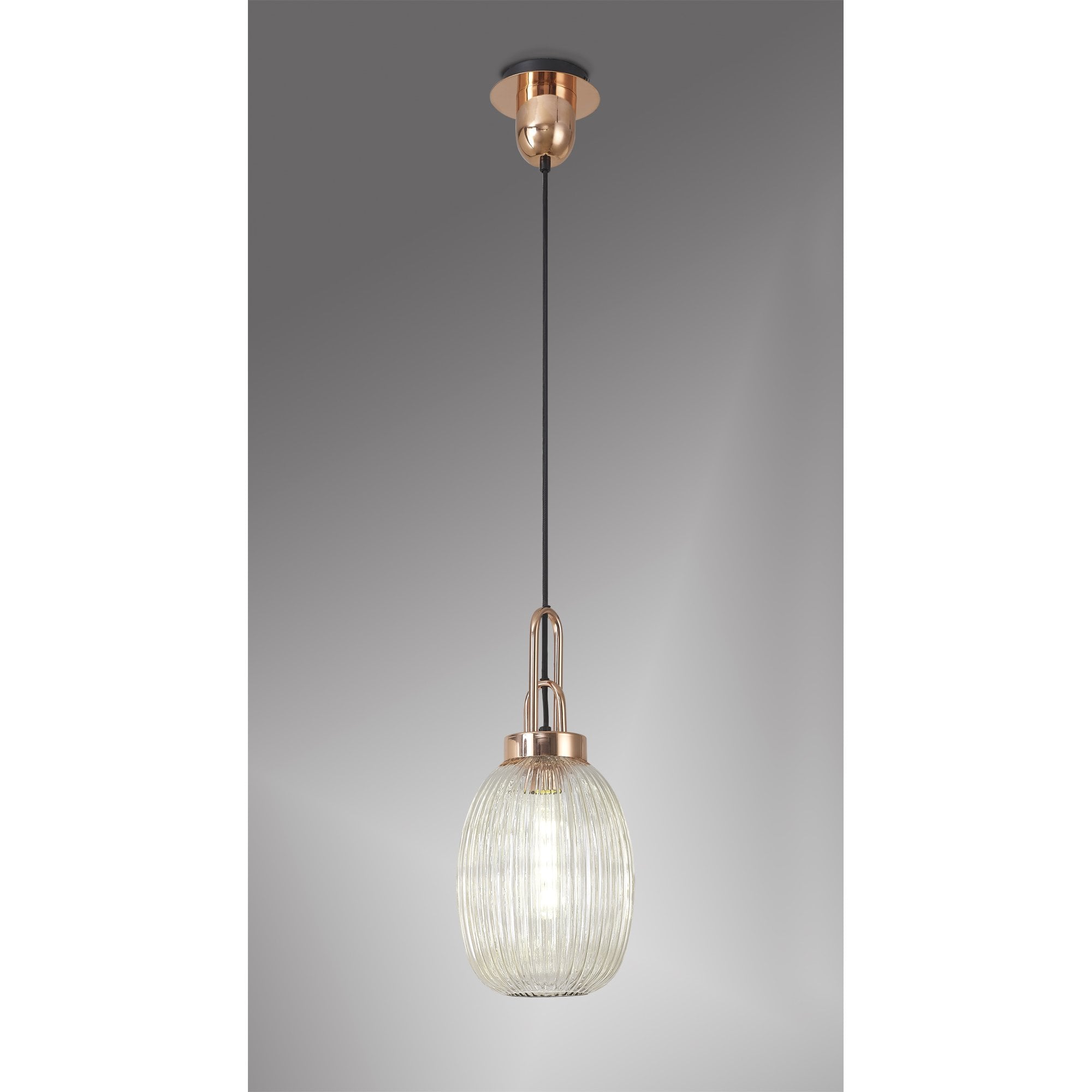Fabula Springfield Single Pendant - 20cm Almond Ribbed Glass Shade - Copper & Champagne Glass