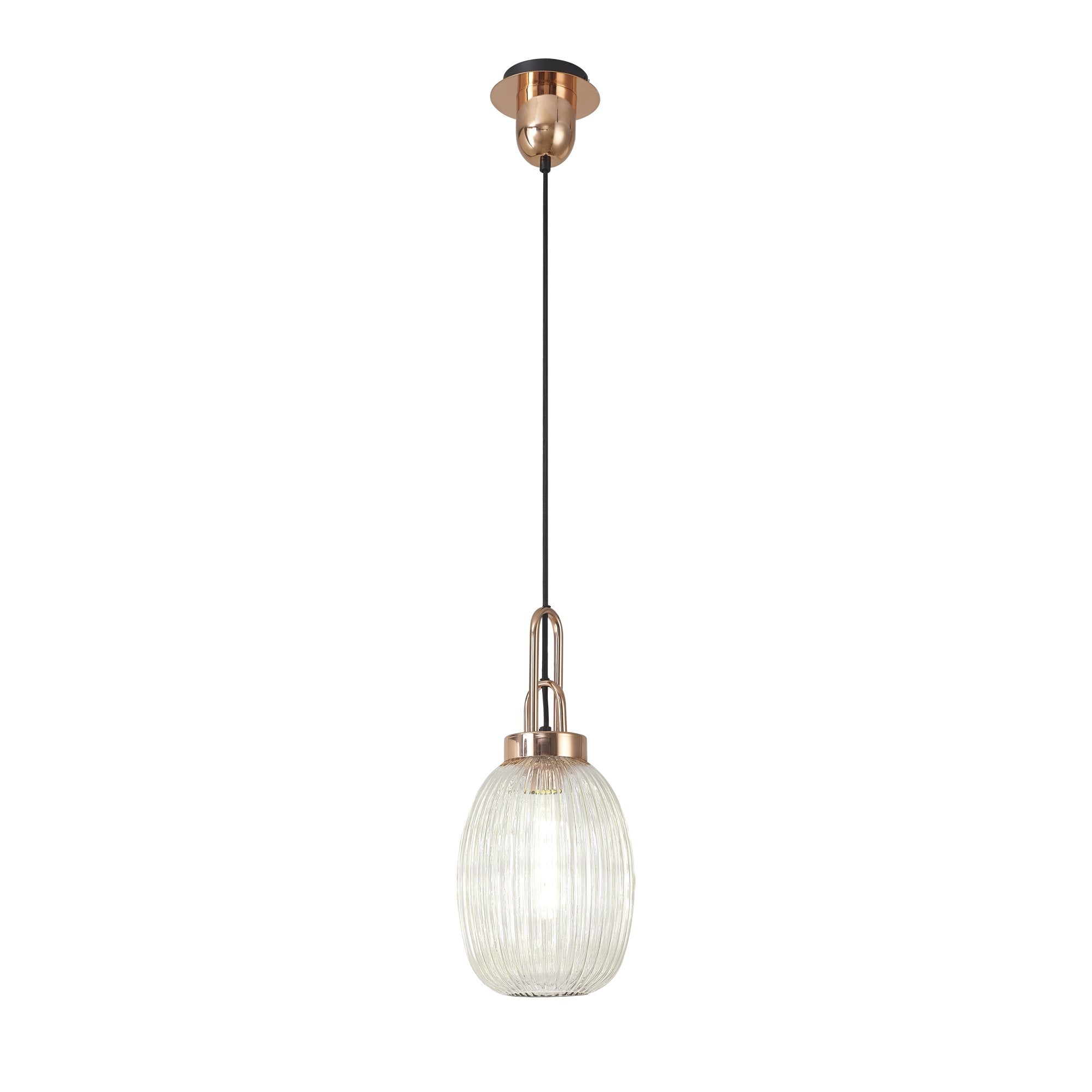 Fabula Springfield Single Pendant - 20cm Almond Ribbed Glass Shade - Copper & Champagne Glass