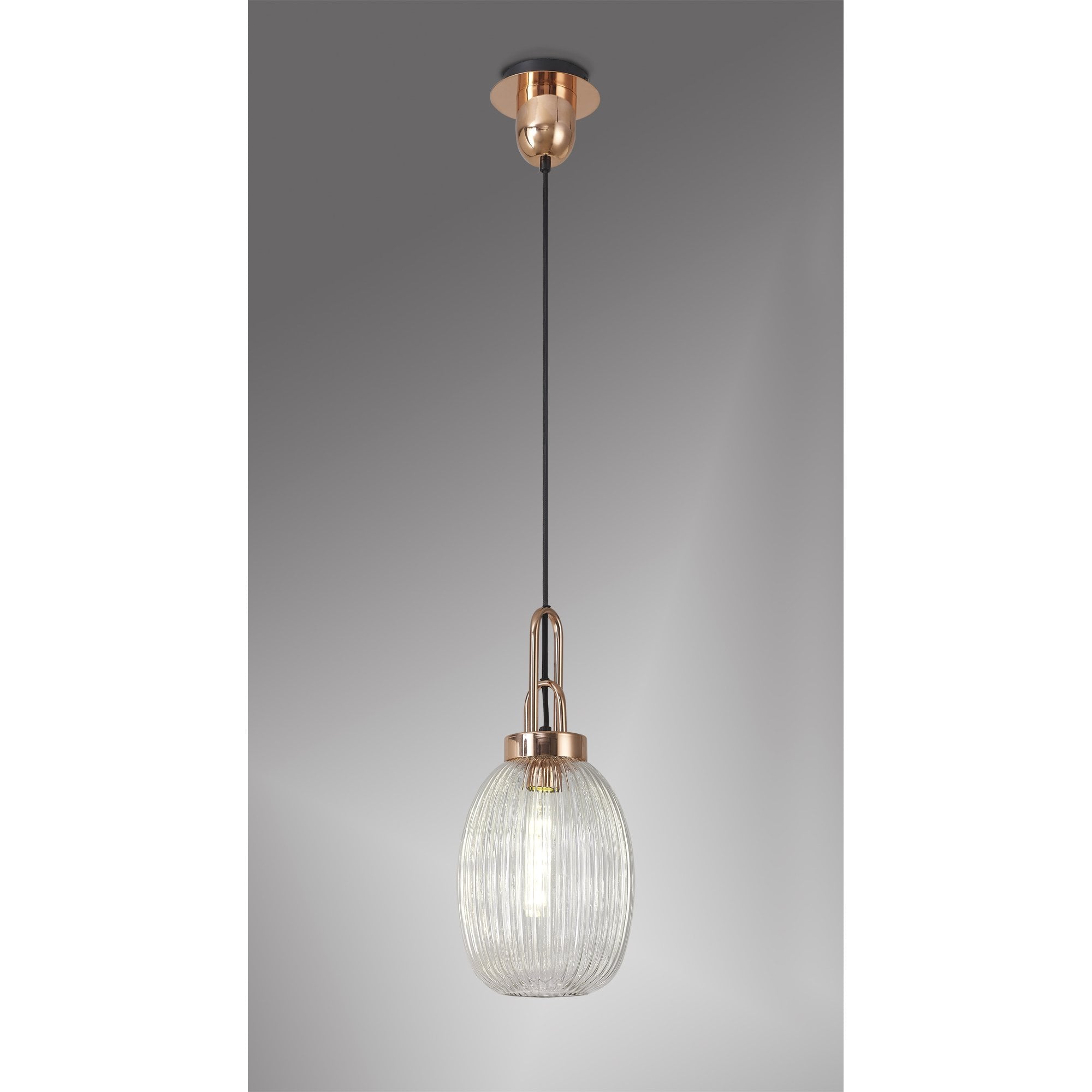 Fabula Springfield Single Pendant - 20cm Almond Ribbed Glass Shade - Copper & Clear Glass