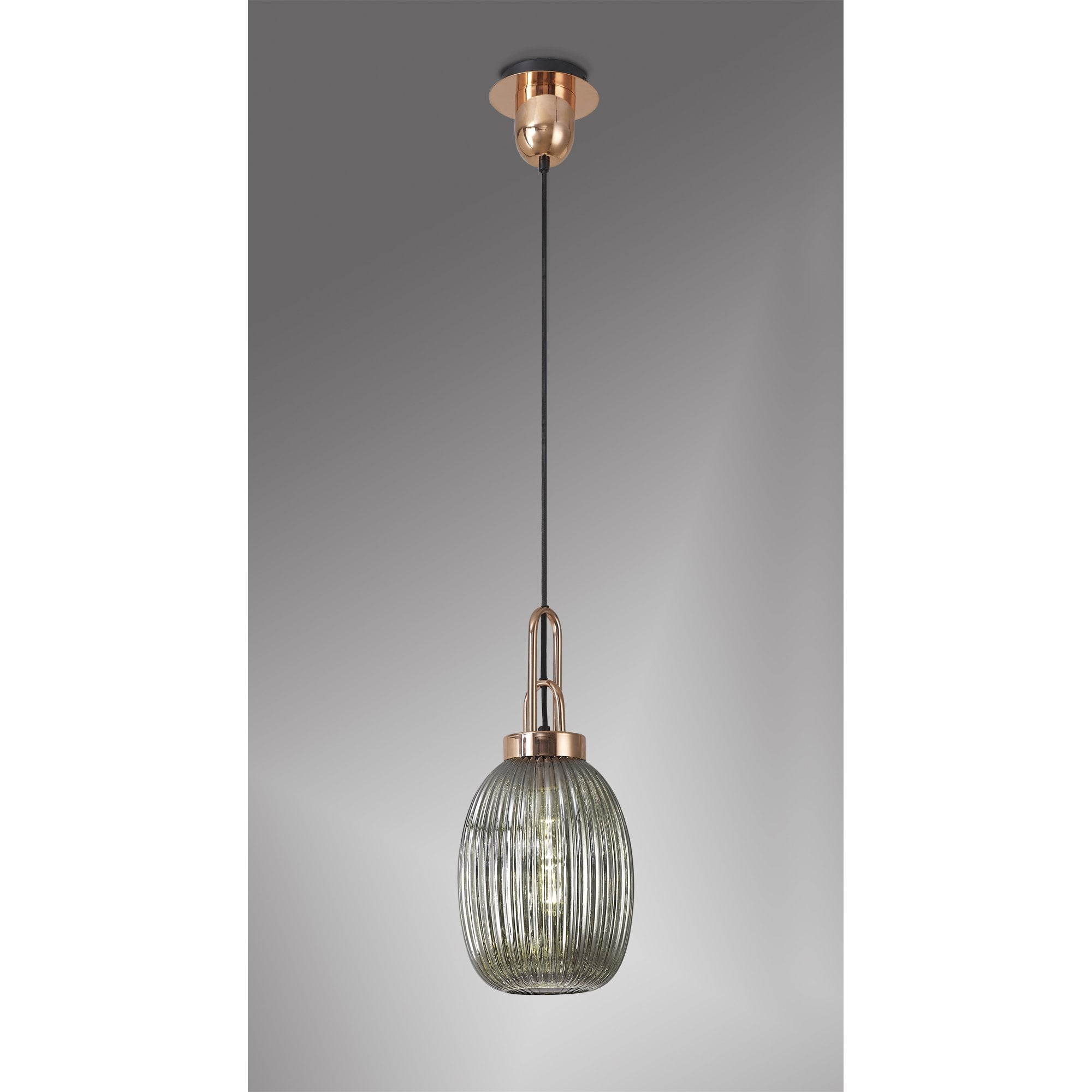 Fabula Springfield Single Pendant - 20cm Almond Ribbed Glass Shade - Copper & Smoked Glass