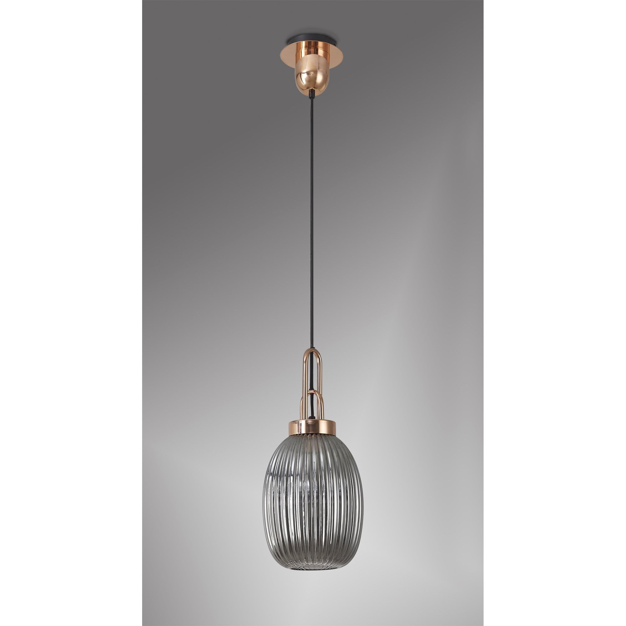 Fabula Springfield Single Pendant - 20cm Almond Ribbed Glass Shade - Copper & Smoked Glass