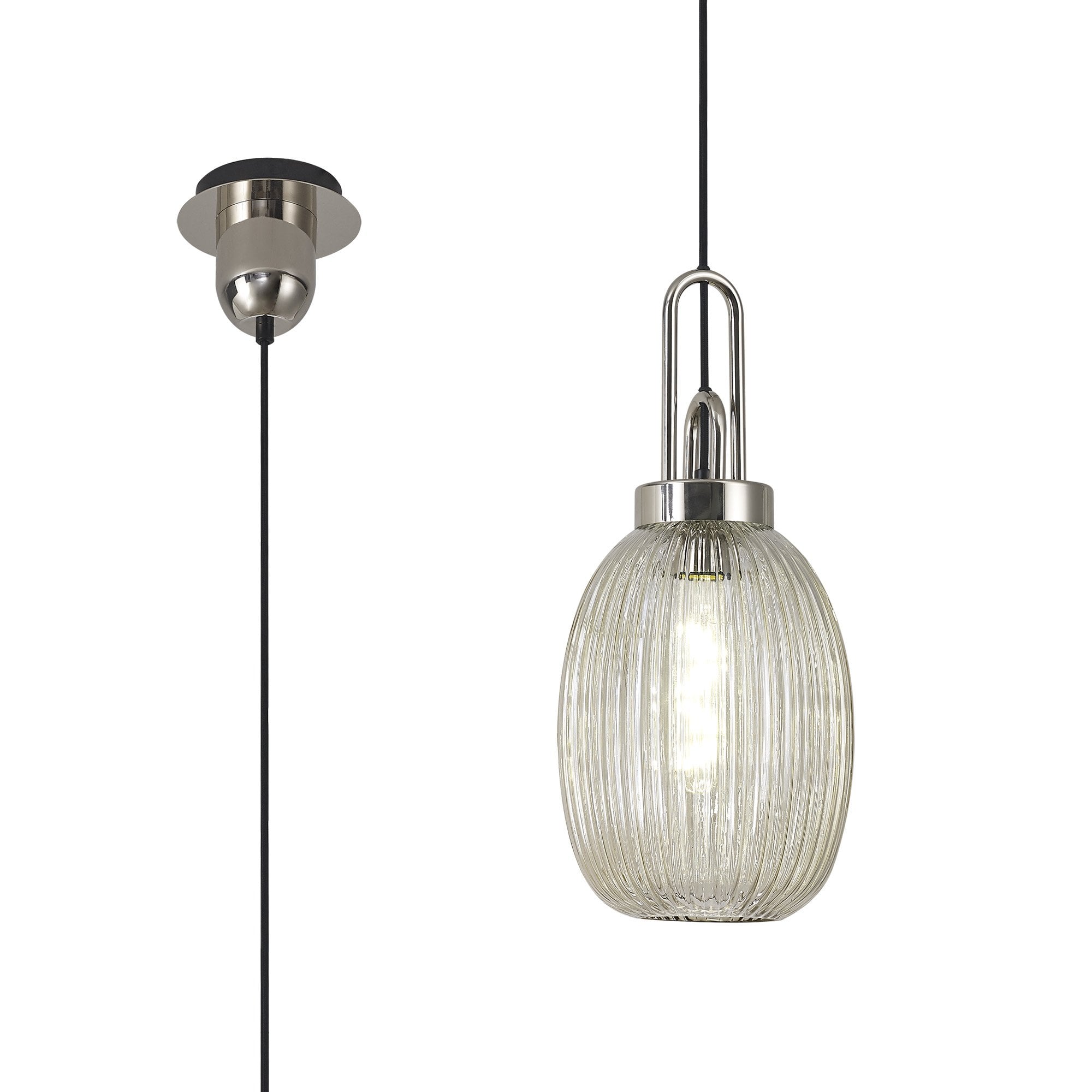 Fabula Springfield Single Pendant - 20cm Almond Ribbed Glass Shade - Polished Nickel & Champagne Glass