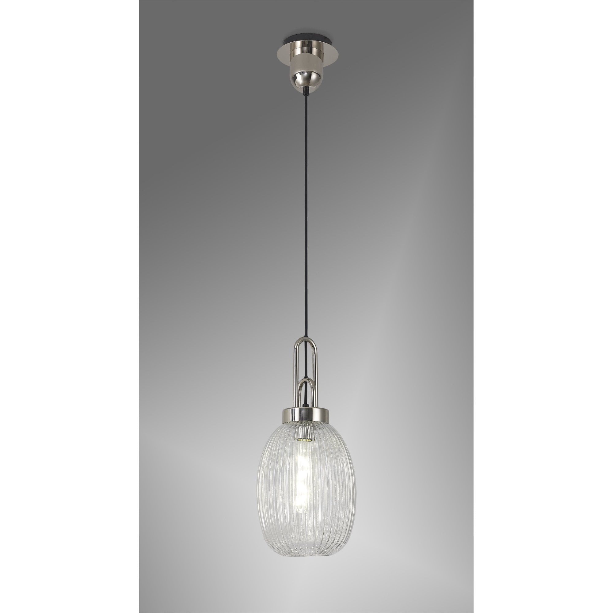 Fabula Springfield Single Pendant - 20cm Almond Ribbed Glass Shade - Polished Nickel & Clear Glass