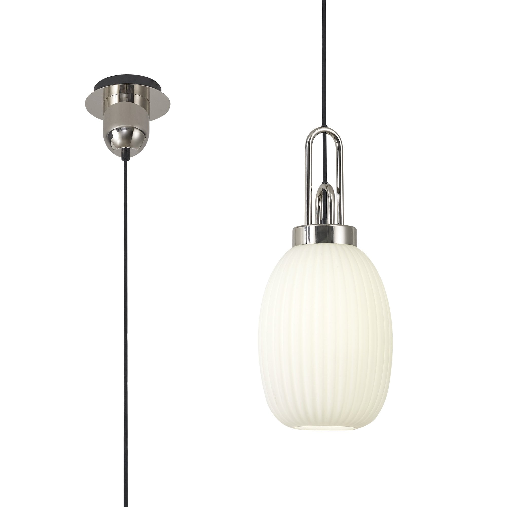 Fabula Springfield Single Pendant - 20cm Almond Ribbed Glass Shade - Polished Nickel & Opal Glass
