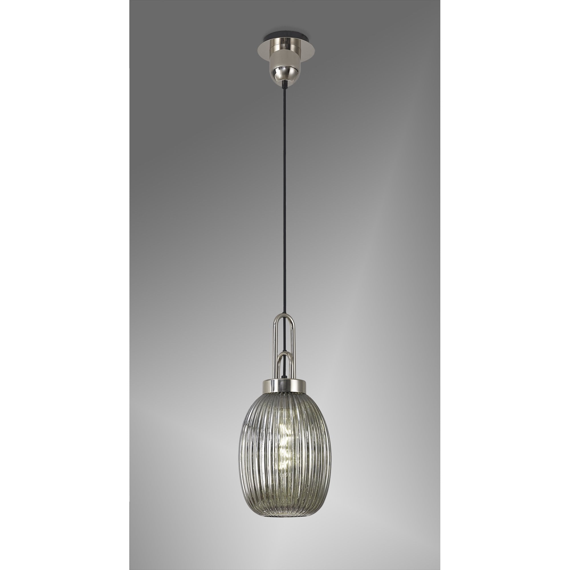 Fabula Springfield Single Pendant - 20cm Almond Ribbed Glass Shade - Polished Nickel & Smoked Glass