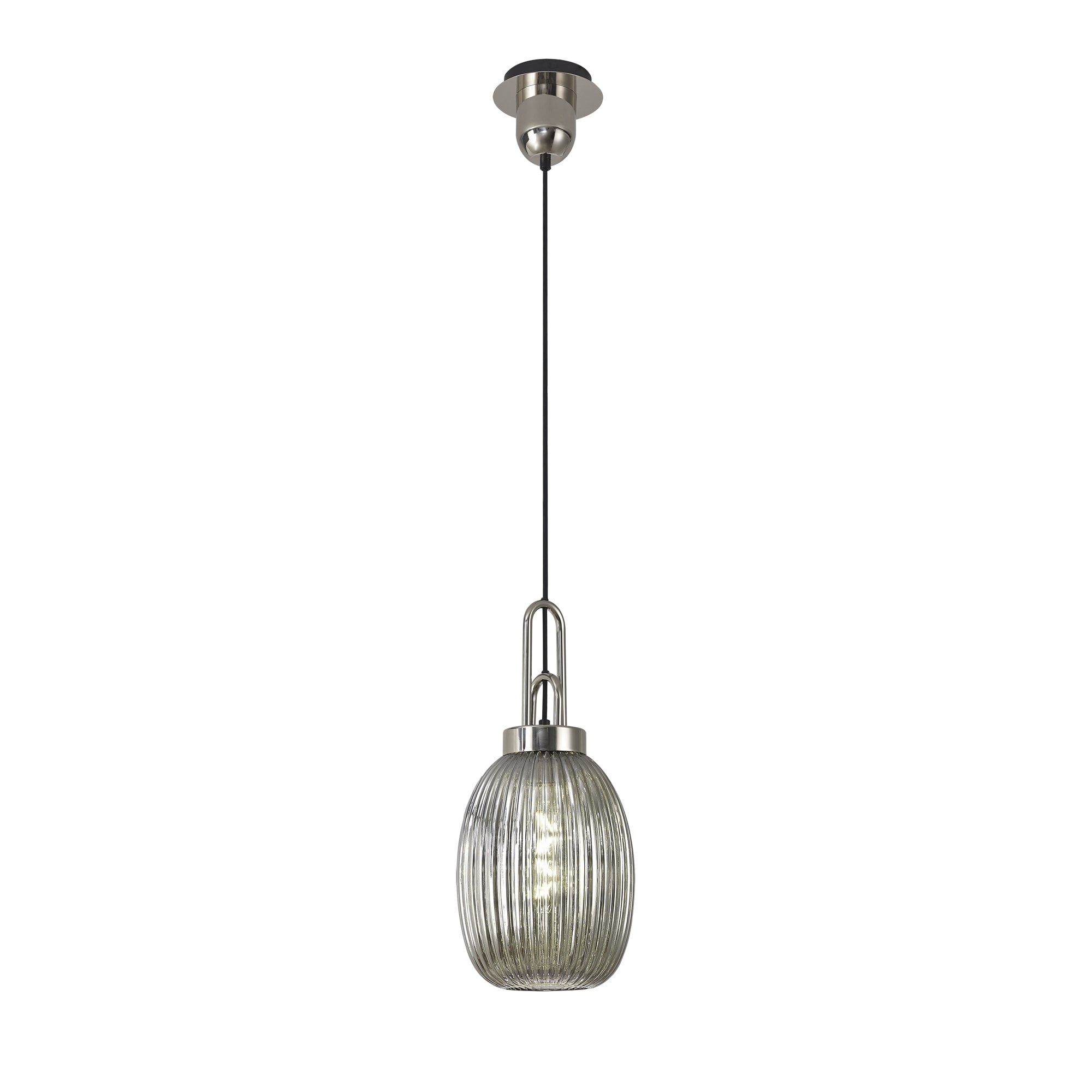 Fabula Springfield Single Pendant - 20cm Almond Ribbed Glass Shade - Polished Nickel & Smoked Glass