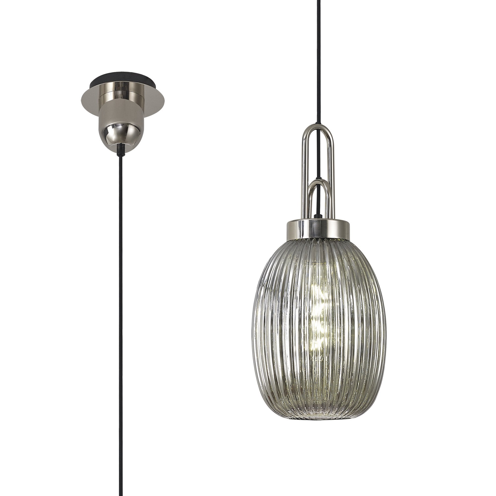 Fabula Springfield Single Pendant - 20cm Almond Ribbed Glass Shade - Polished Nickel & Smoked Glass