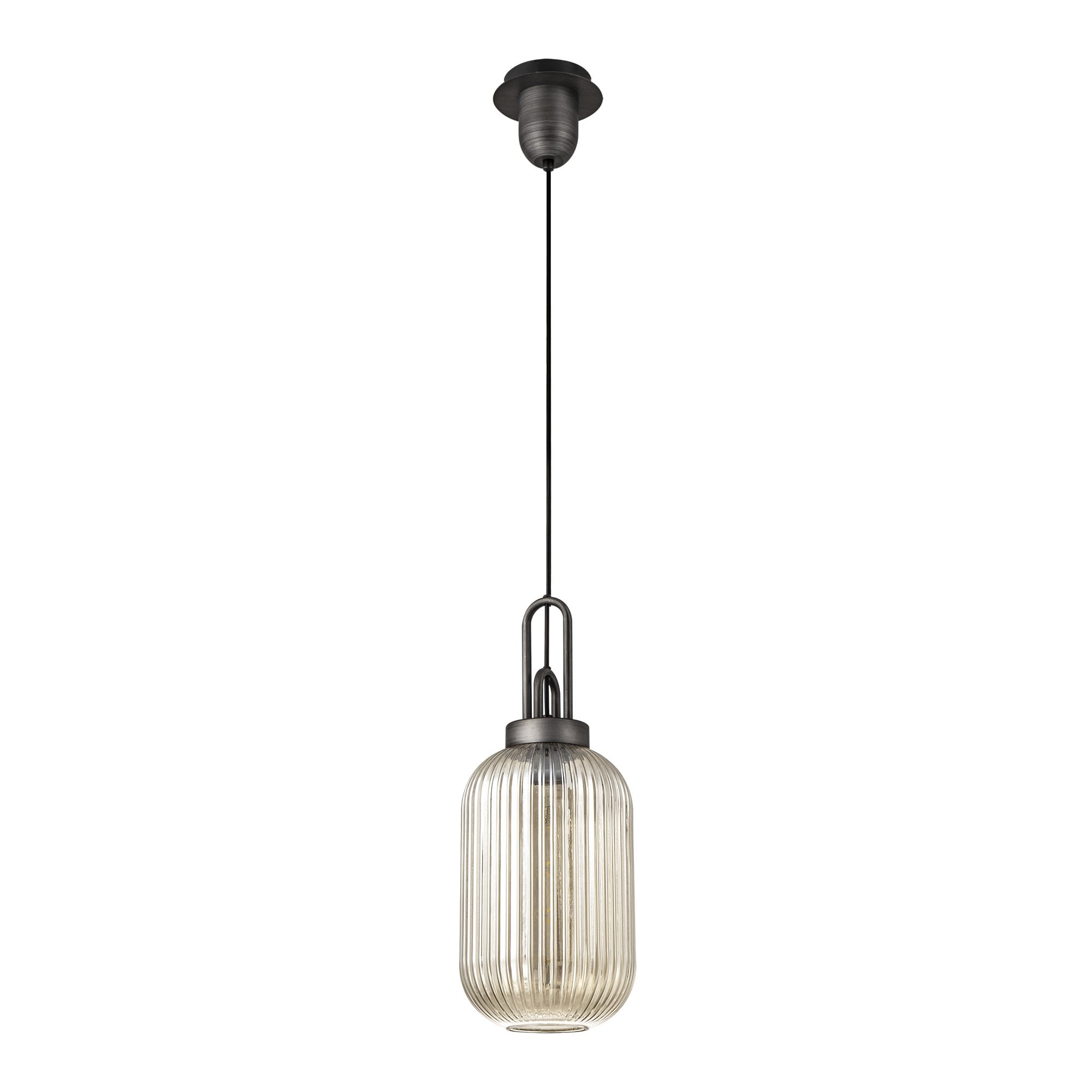 Fabula Springfield Single Pendant - 20cm Tubular Ribbed Glass Shade - Aged Pewter & Champagne Glass