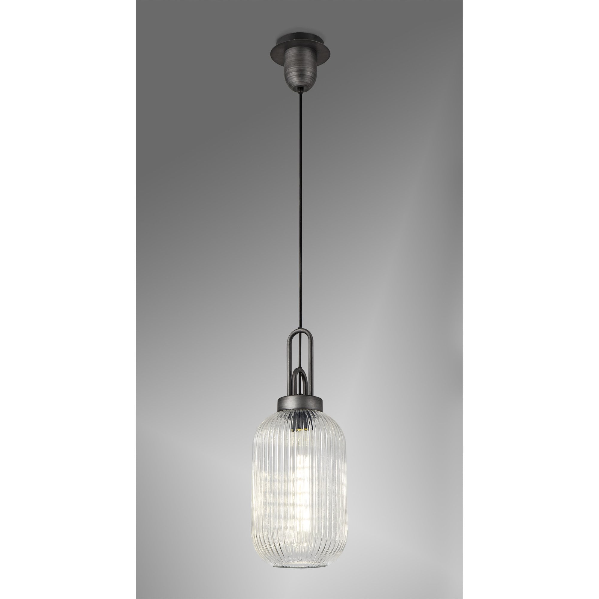 Fabula Springfield Single Pendant - 20cm Tubular Ribbed Glass Shade - Aged Pewter & Clear Glass