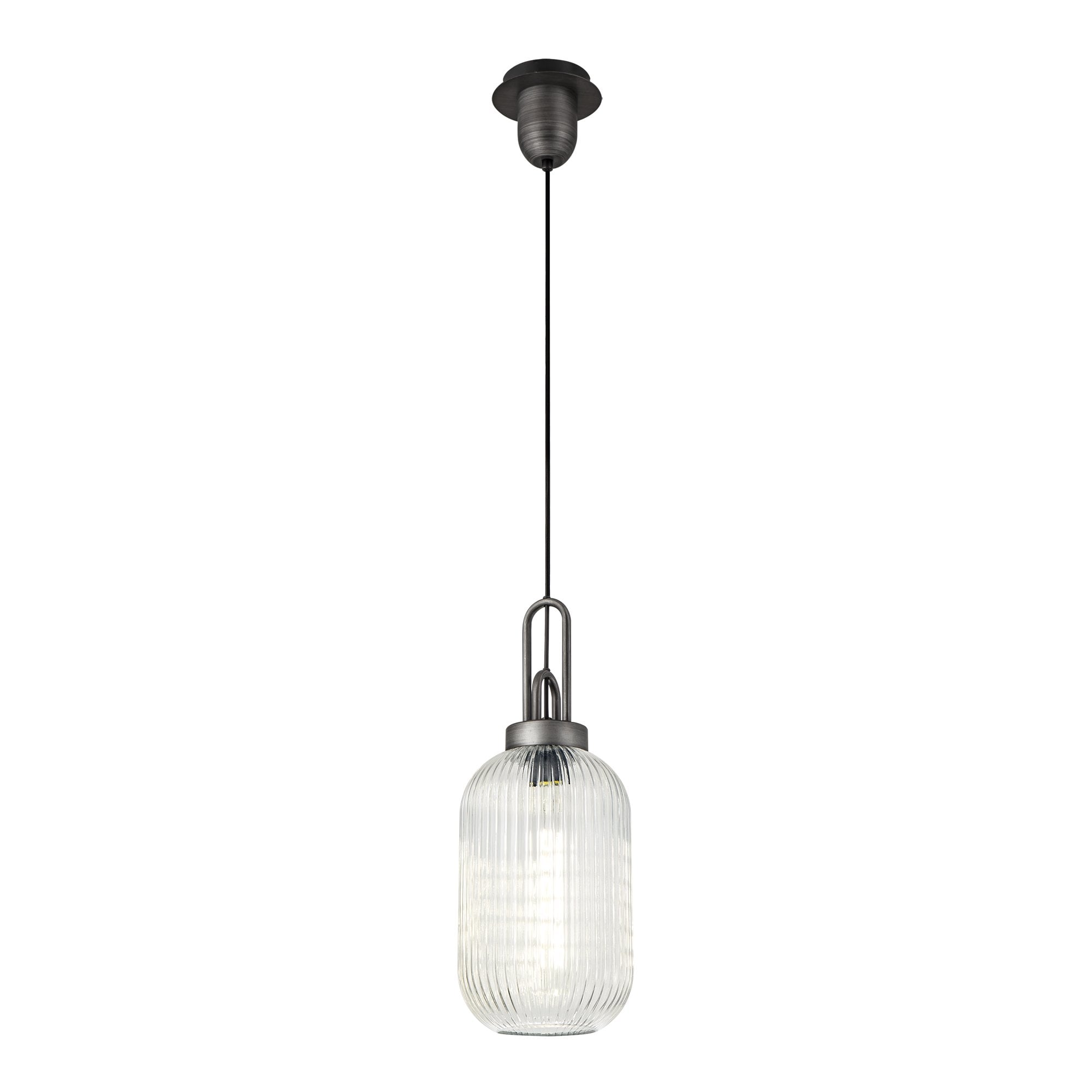 Fabula Springfield Single Pendant - 20cm Tubular Ribbed Glass Shade - Aged Pewter & Clear Glass