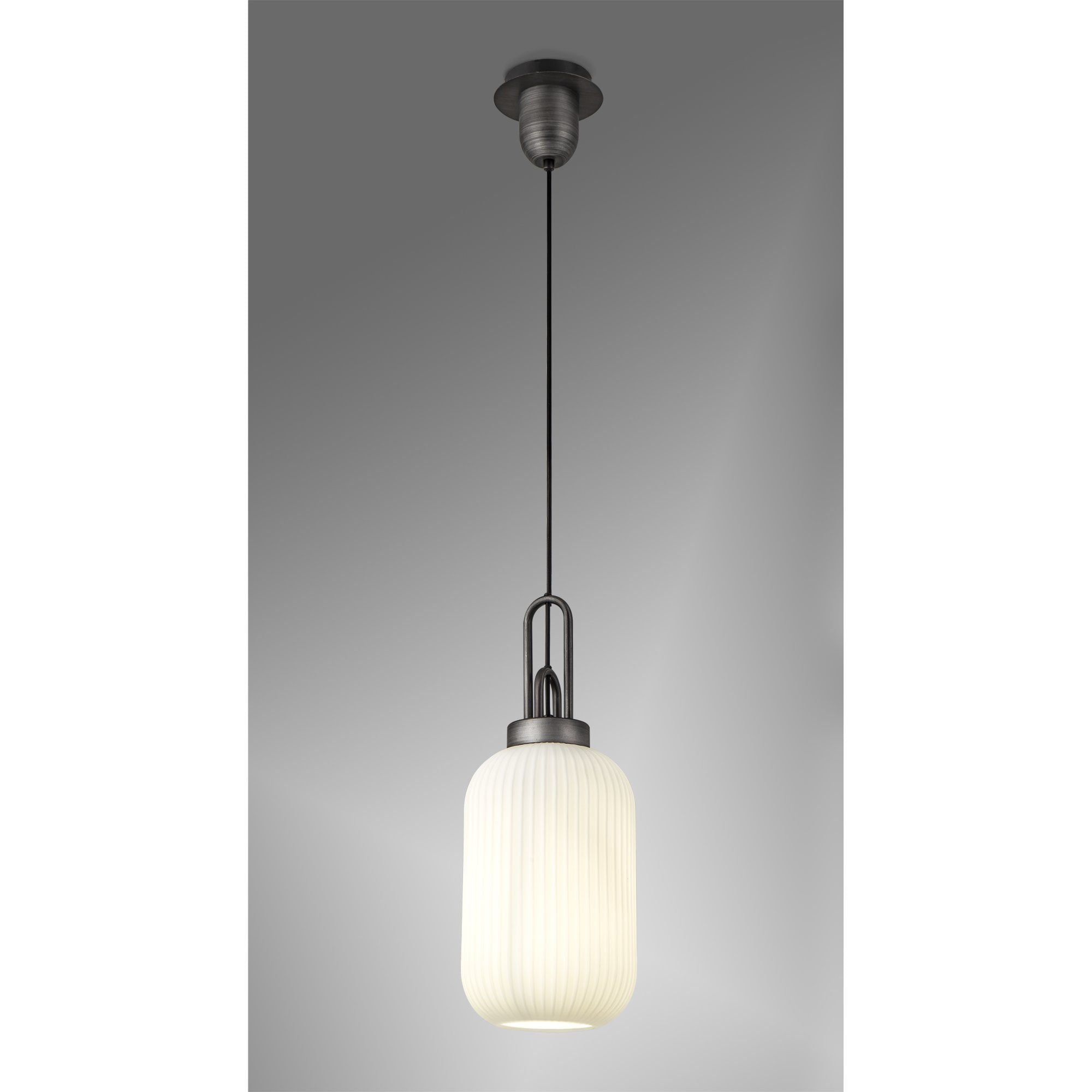 Fabula Springfield Single Pendant - 20cm Tubular Ribbed Glass Shade - Aged Pewter & Opal Glass