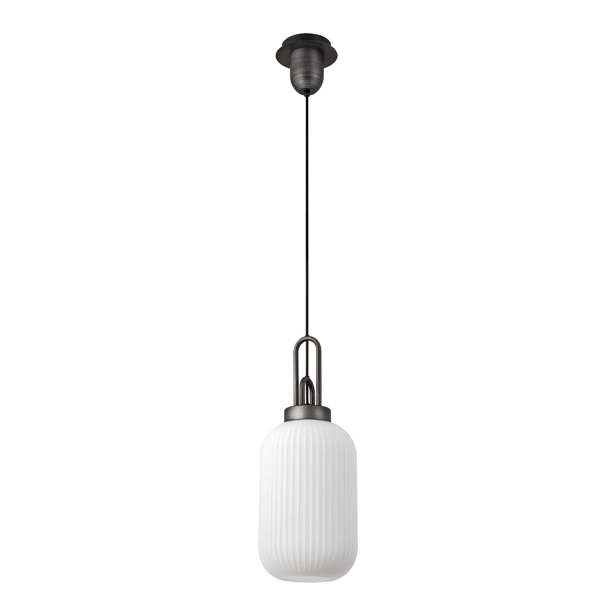 Fabula Springfield Single Pendant - 20cm Tubular Ribbed Glass Shade - Aged Pewter & Opal Glass