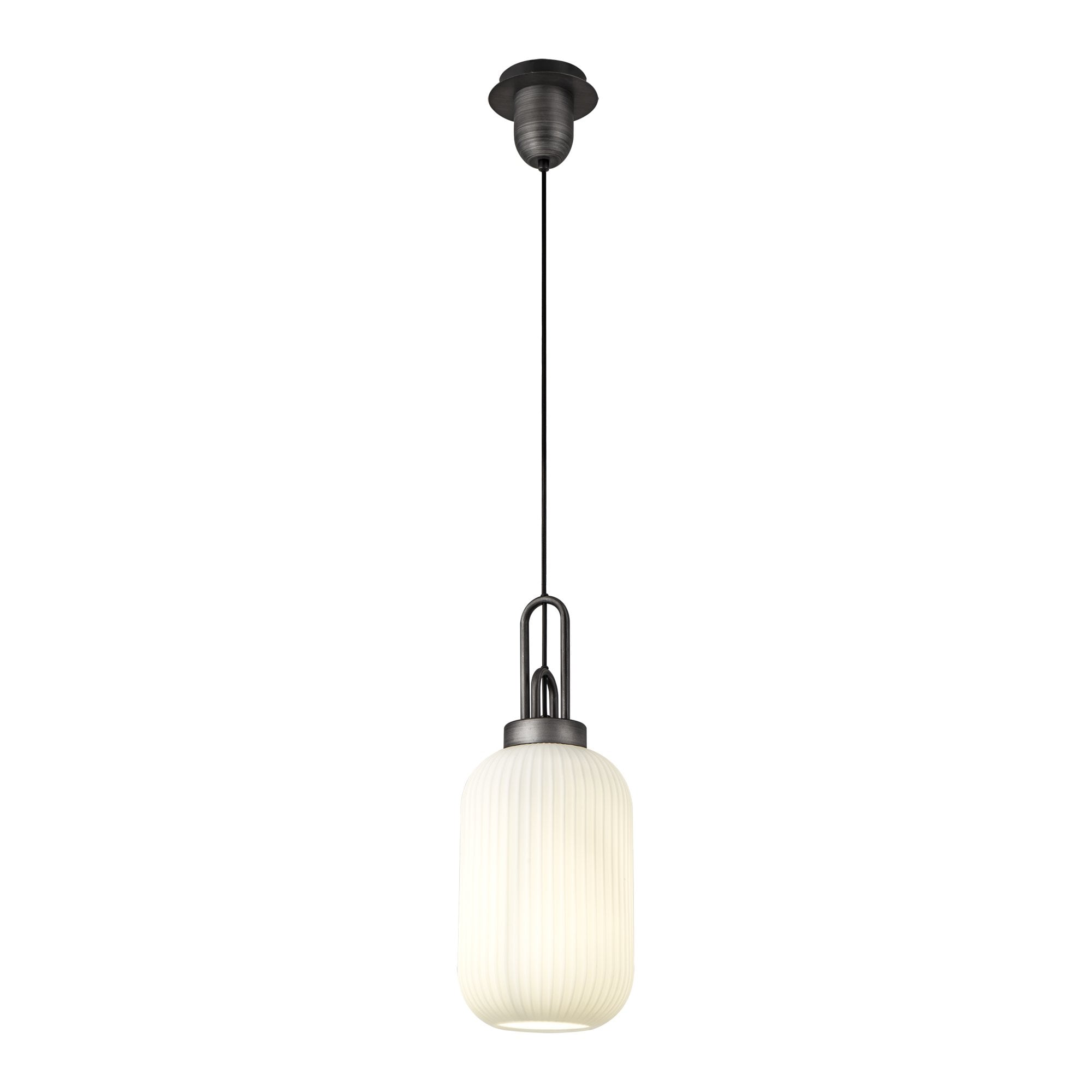 Fabula Springfield Single Pendant - 20cm Tubular Ribbed Glass Shade - Aged Pewter & Opal Glass