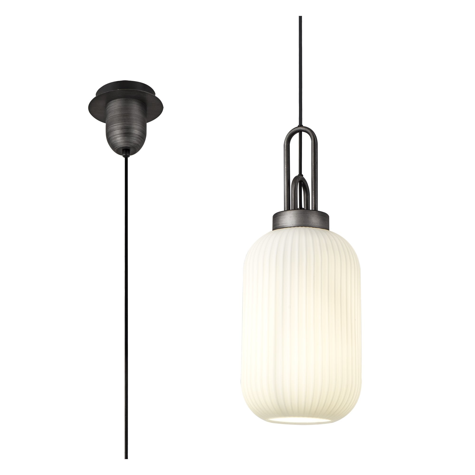 Fabula Springfield Single Pendant - 20cm Tubular Ribbed Glass Shade - Aged Pewter & Opal Glass