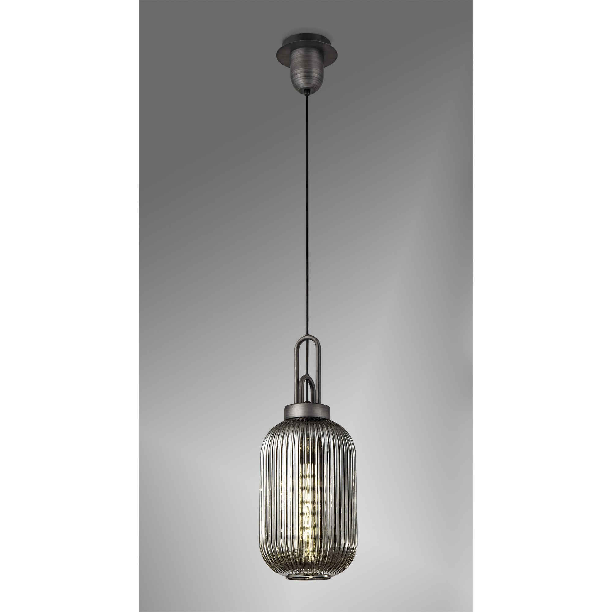 Fabula Springfield Single Pendant - 20cm Tubular Ribbed Glass Shade - Aged Pewter & Smoked Glass
