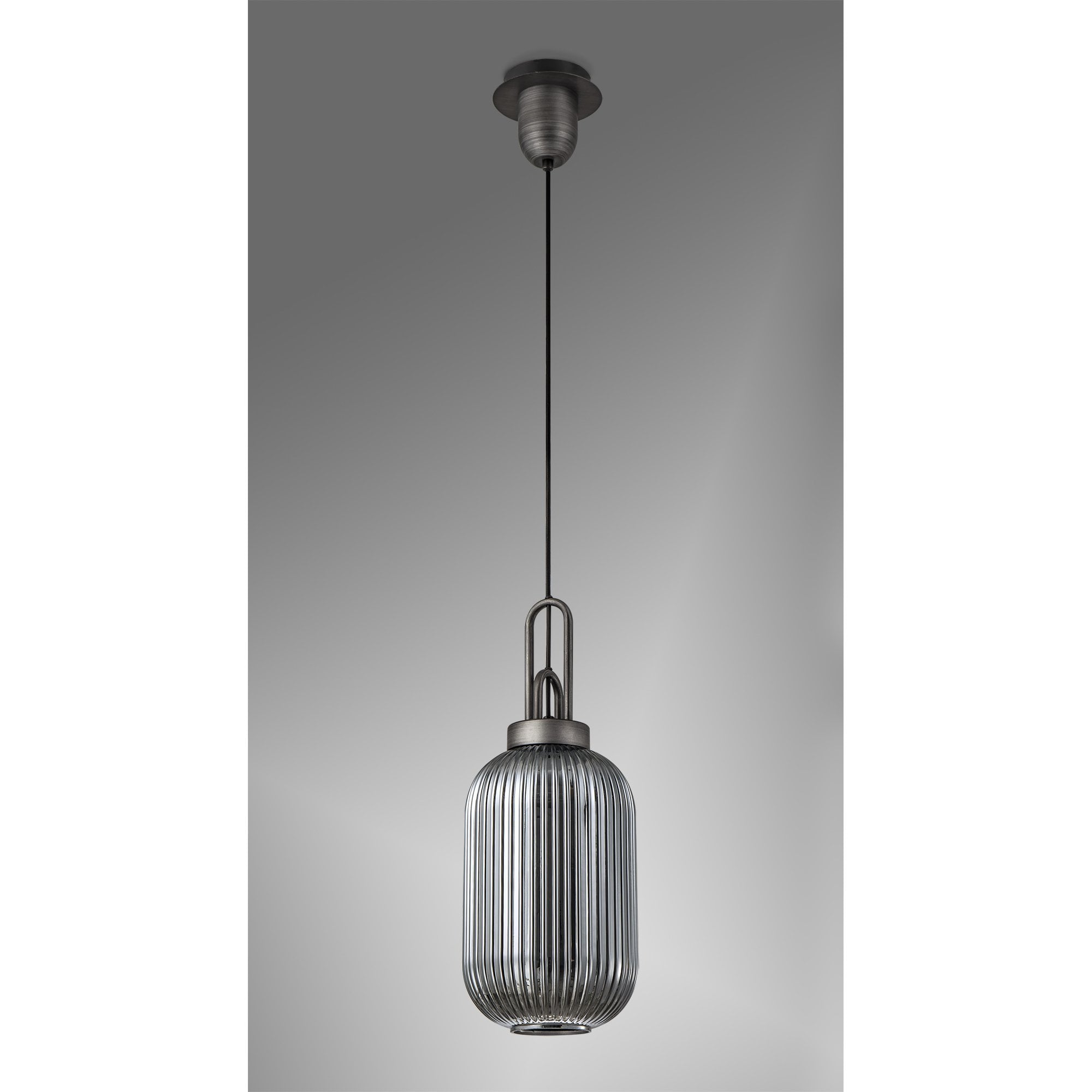 Fabula Springfield Single Pendant - 20cm Tubular Ribbed Glass Shade - Aged Pewter & Smoked Glass