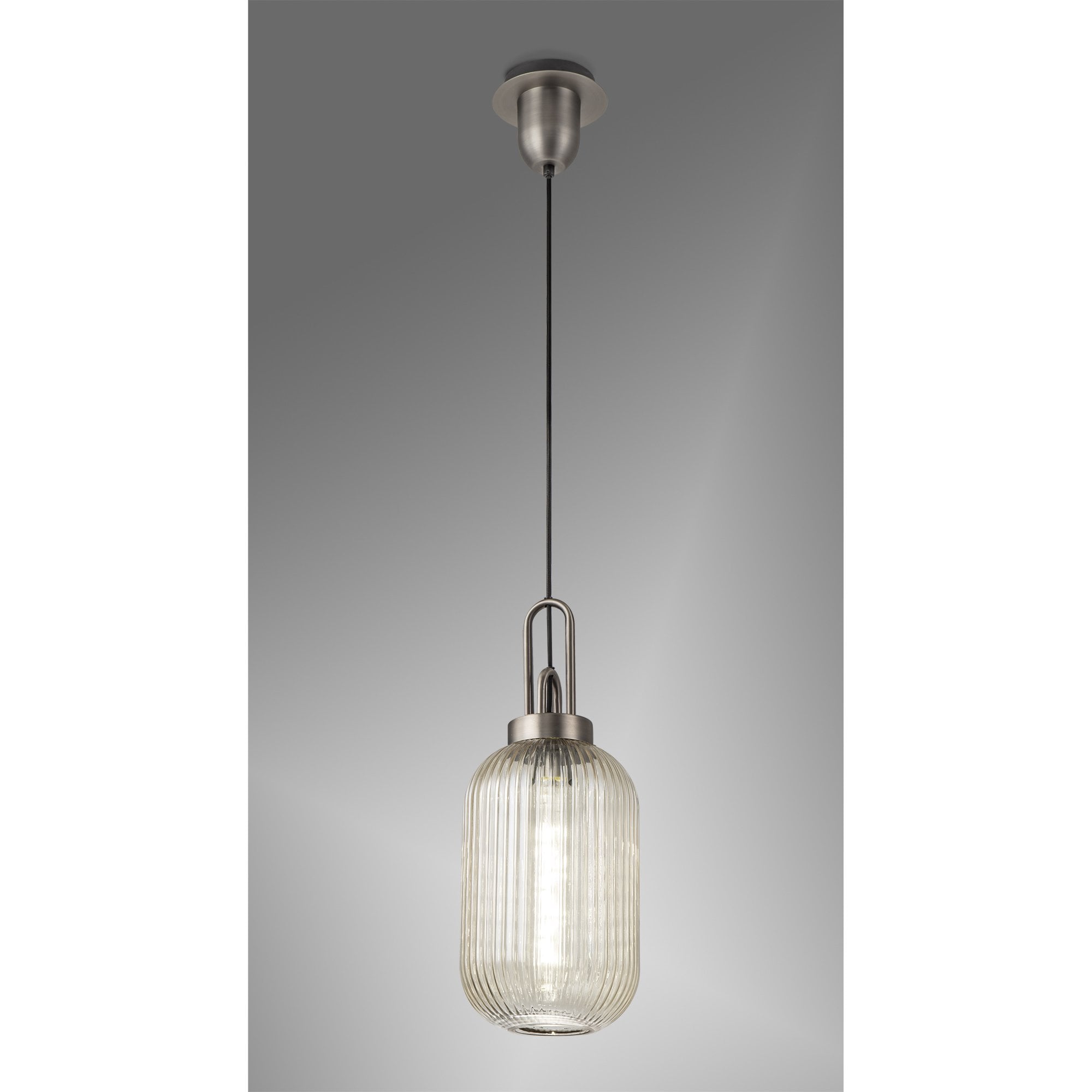 Fabula Springfield Single Pendant - 20cm Tubular Ribbed Glass Shade - Antique Silver & Champagne Glass