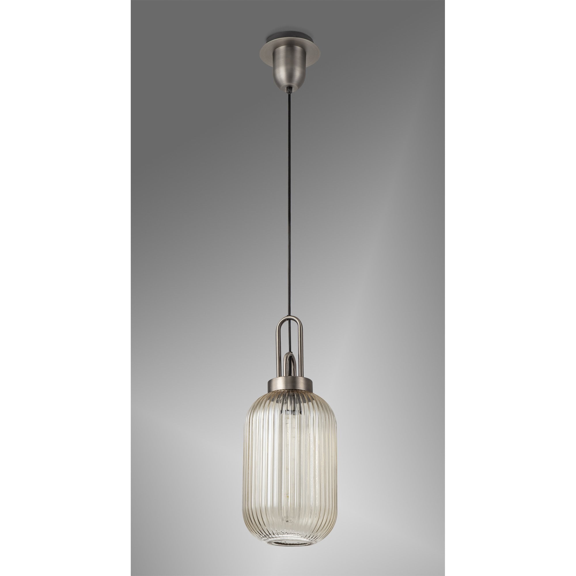 Fabula Springfield Single Pendant - 20cm Tubular Ribbed Glass Shade - Antique Silver & Champagne Glass