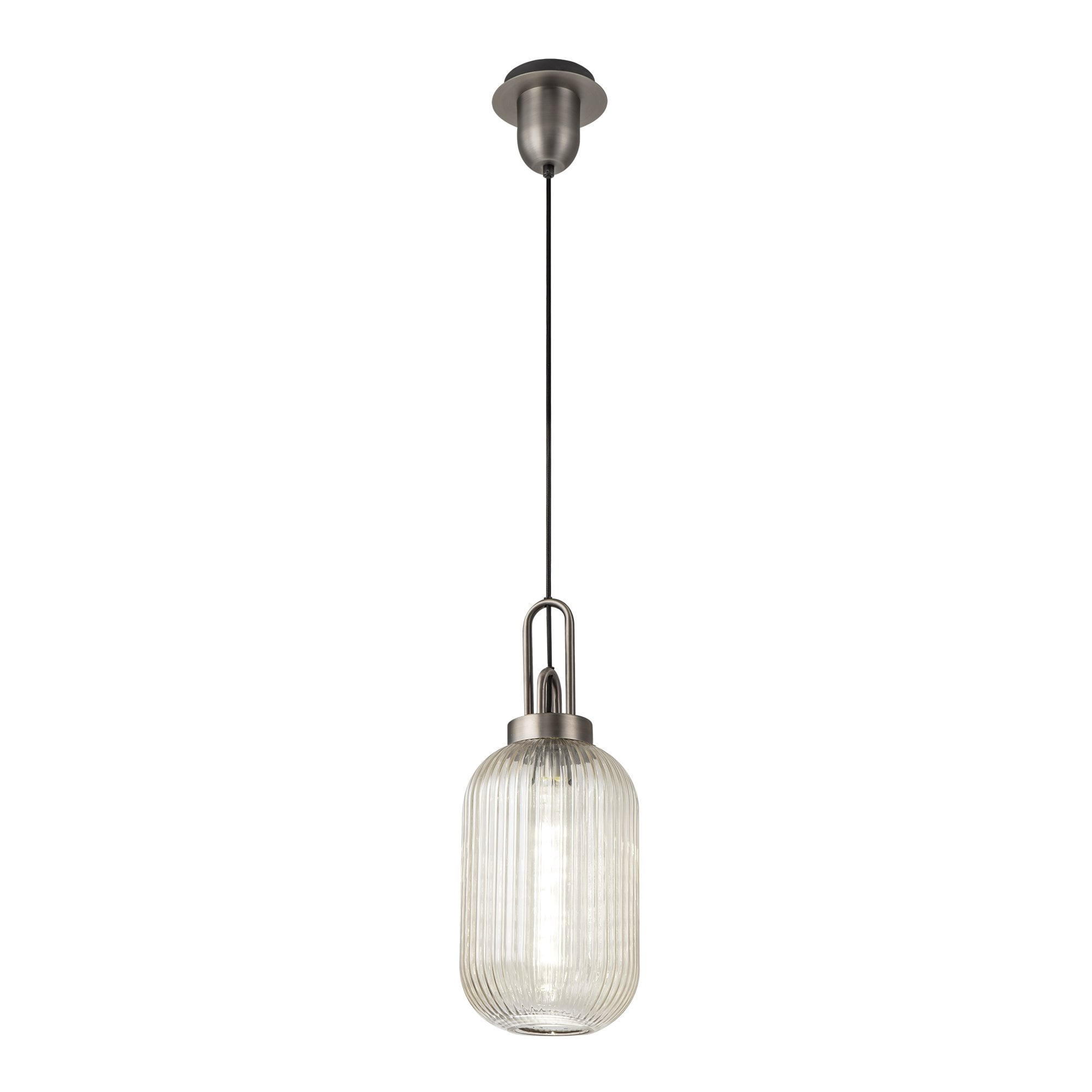 Fabula Springfield Single Pendant - 20cm Tubular Ribbed Glass Shade - Antique Silver & Champagne Glass