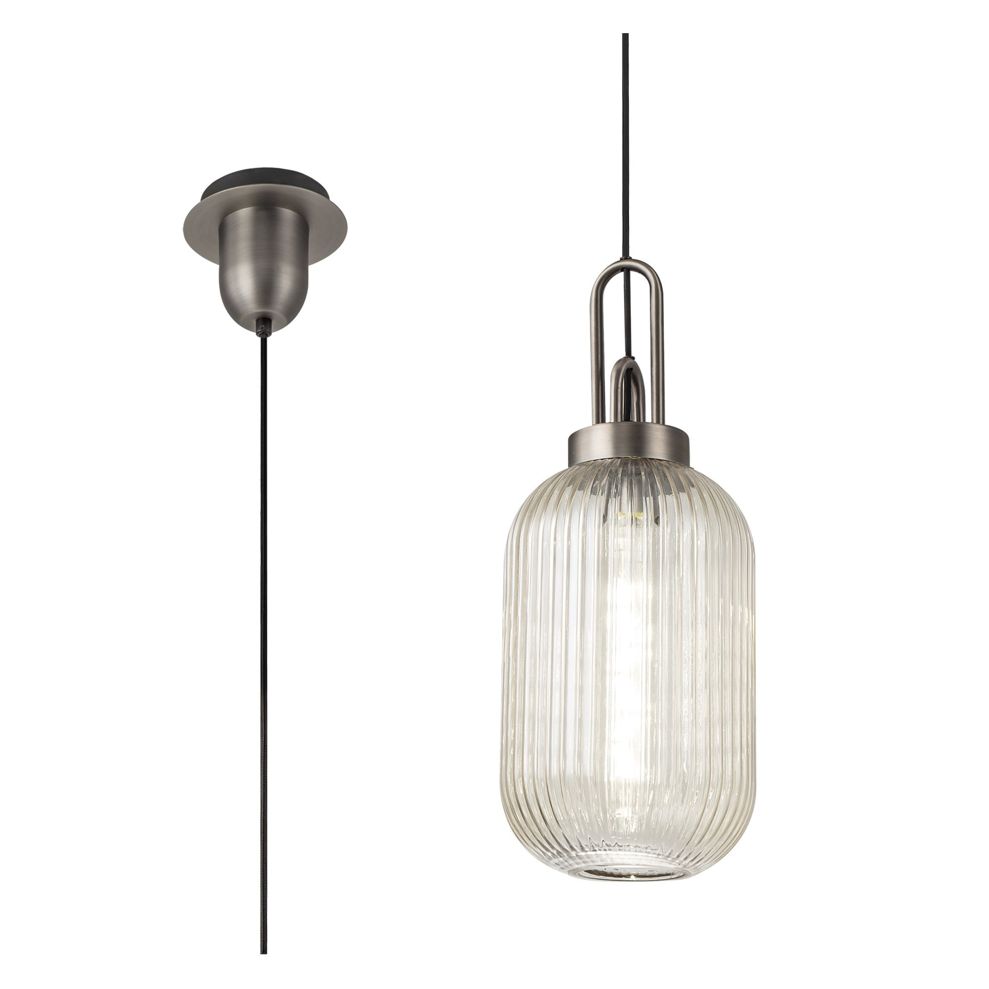 Fabula Springfield Single Pendant - 20cm Tubular Ribbed Glass Shade - Antique Silver & Champagne Glass