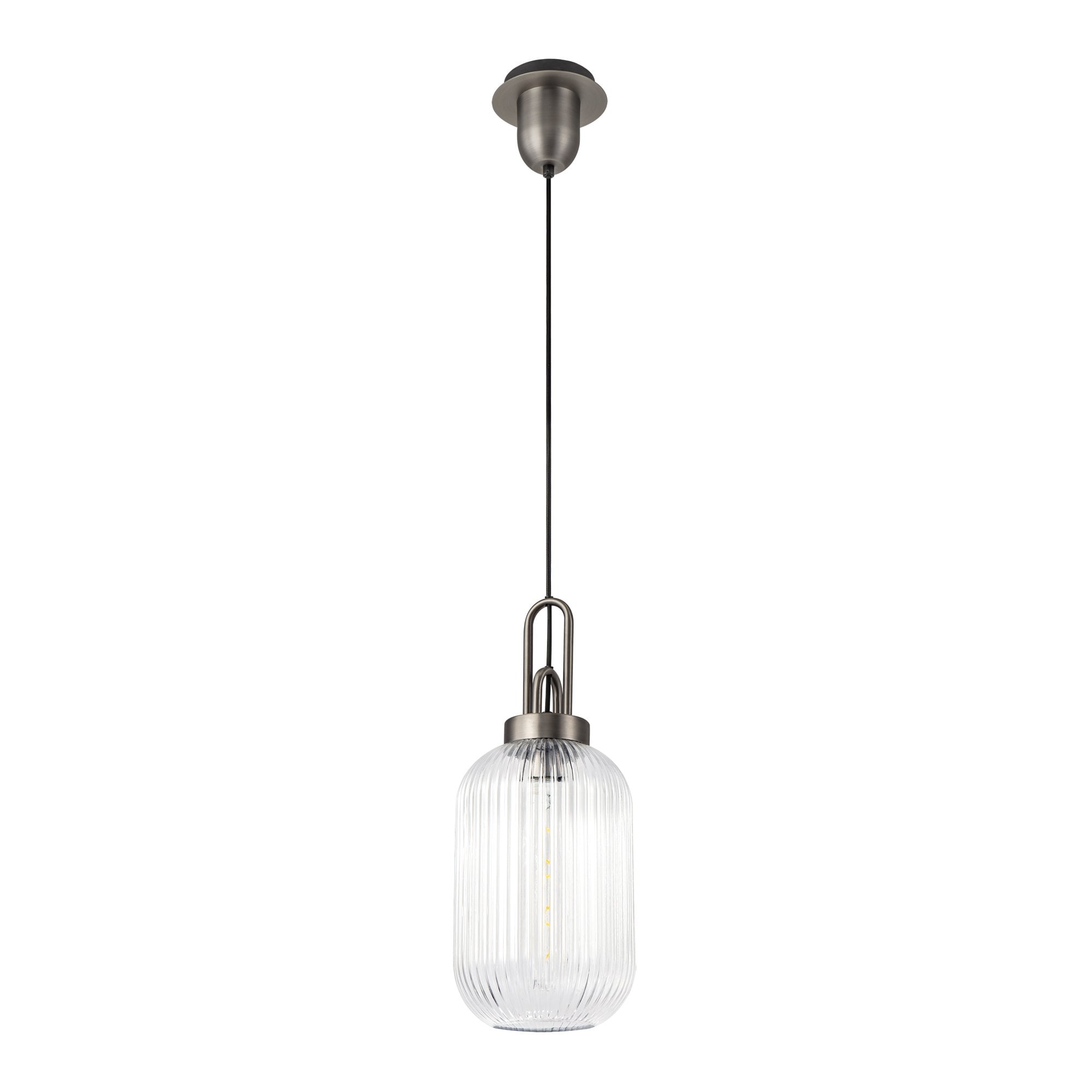Fabula Springfield Single Pendant - 20cm Tubular Ribbed Glass Shade - Antique Silver & Clear Glass