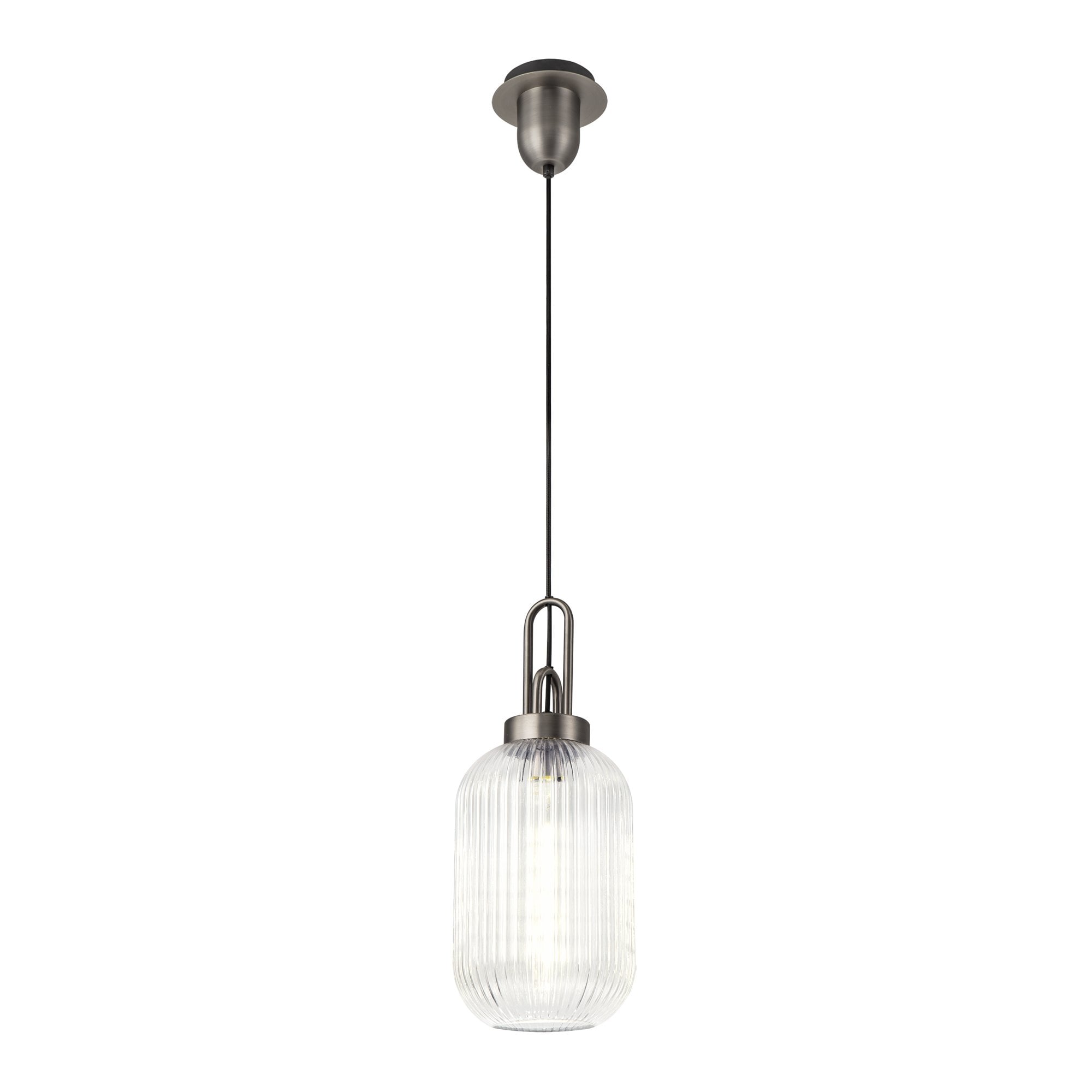 Fabula Springfield Single Pendant - 20cm Tubular Ribbed Glass Shade - Antique Silver & Clear Glass