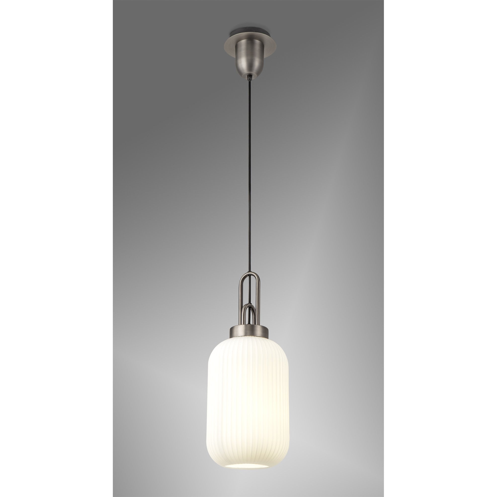 Fabula Springfield Single Pendant - 20cm Tubular Ribbed Glass Shade - Antique Silver & Opal Glass