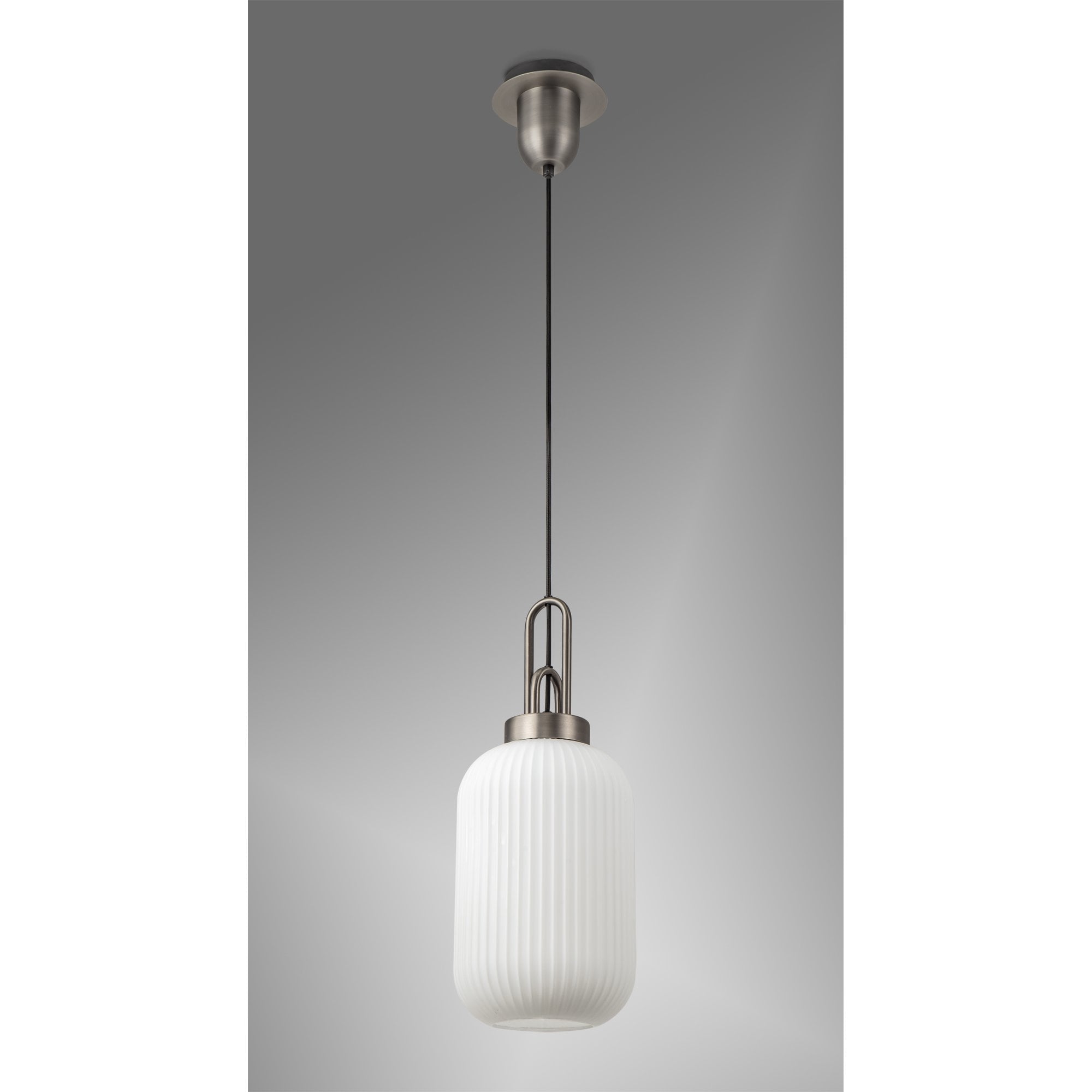 Fabula Springfield Single Pendant - 20cm Tubular Ribbed Glass Shade - Antique Silver & Opal Glass