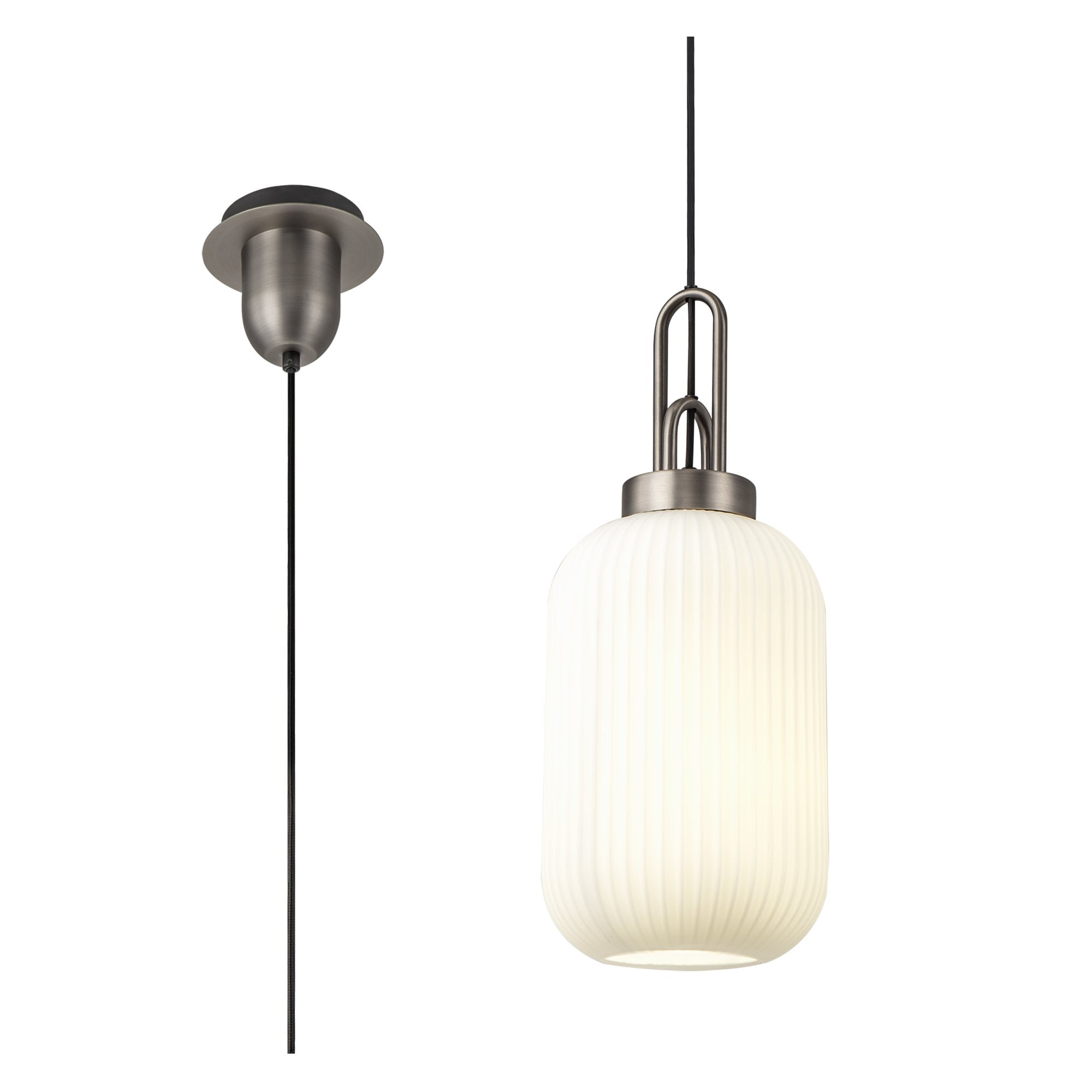 Fabula Springfield Single Pendant - 20cm Tubular Ribbed Glass Shade - Antique Silver & Opal Glass
