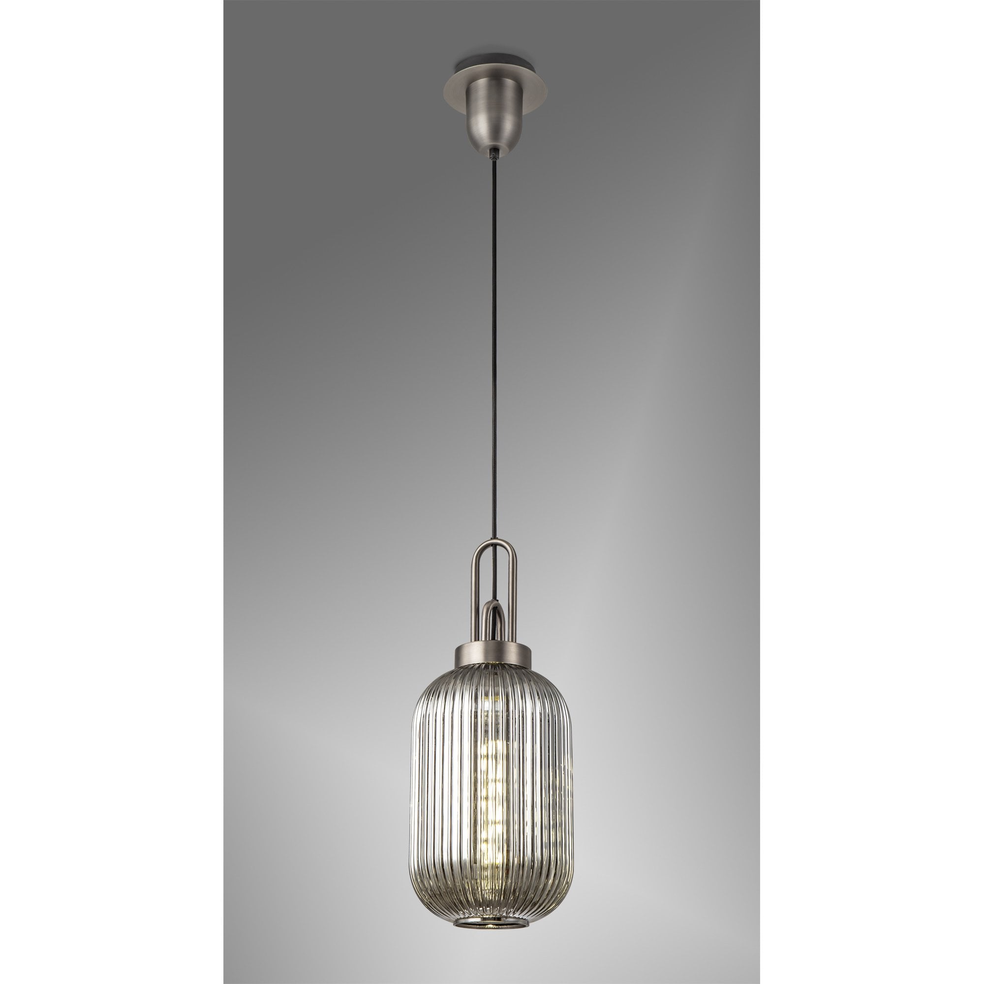 Fabula Springfield Single Pendant - 20cm Tubular Ribbed Glass Shade - Antique Silver & Smoked Glass