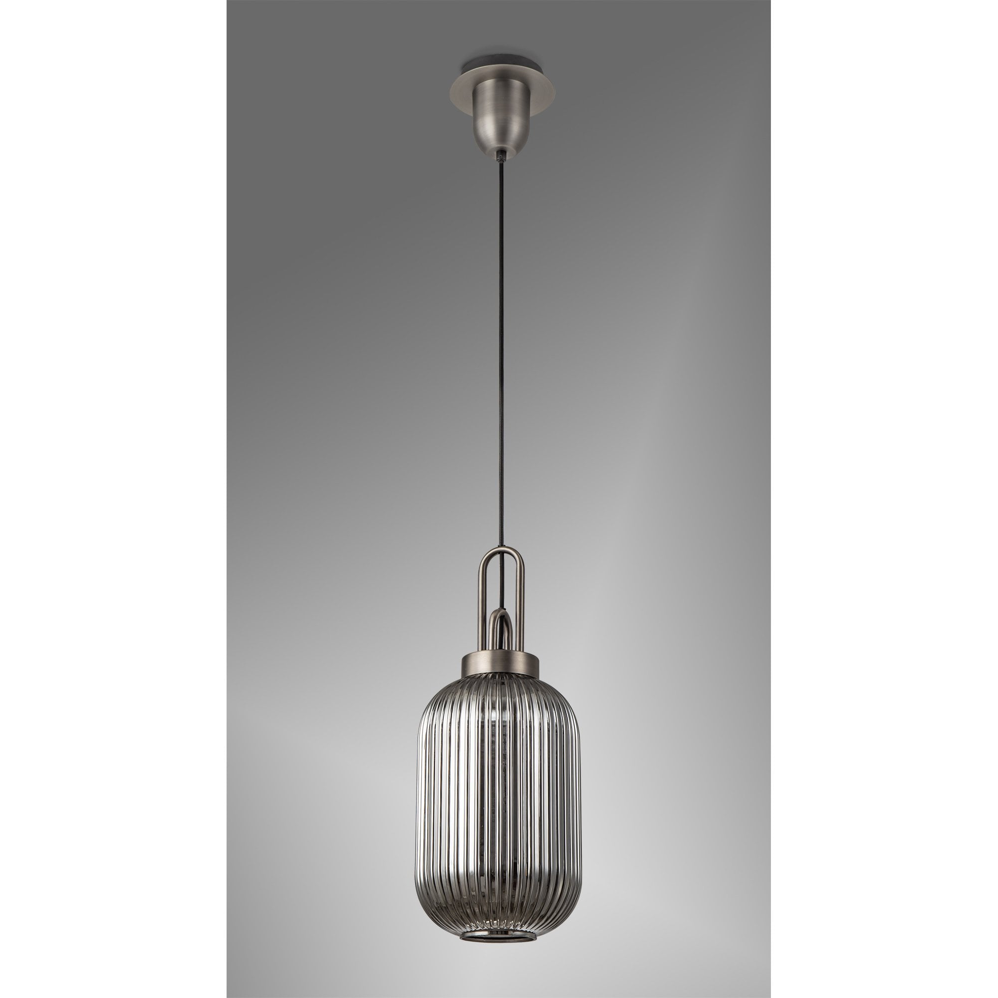 Fabula Springfield Single Pendant - 20cm Tubular Ribbed Glass Shade - Antique Silver & Smoked Glass