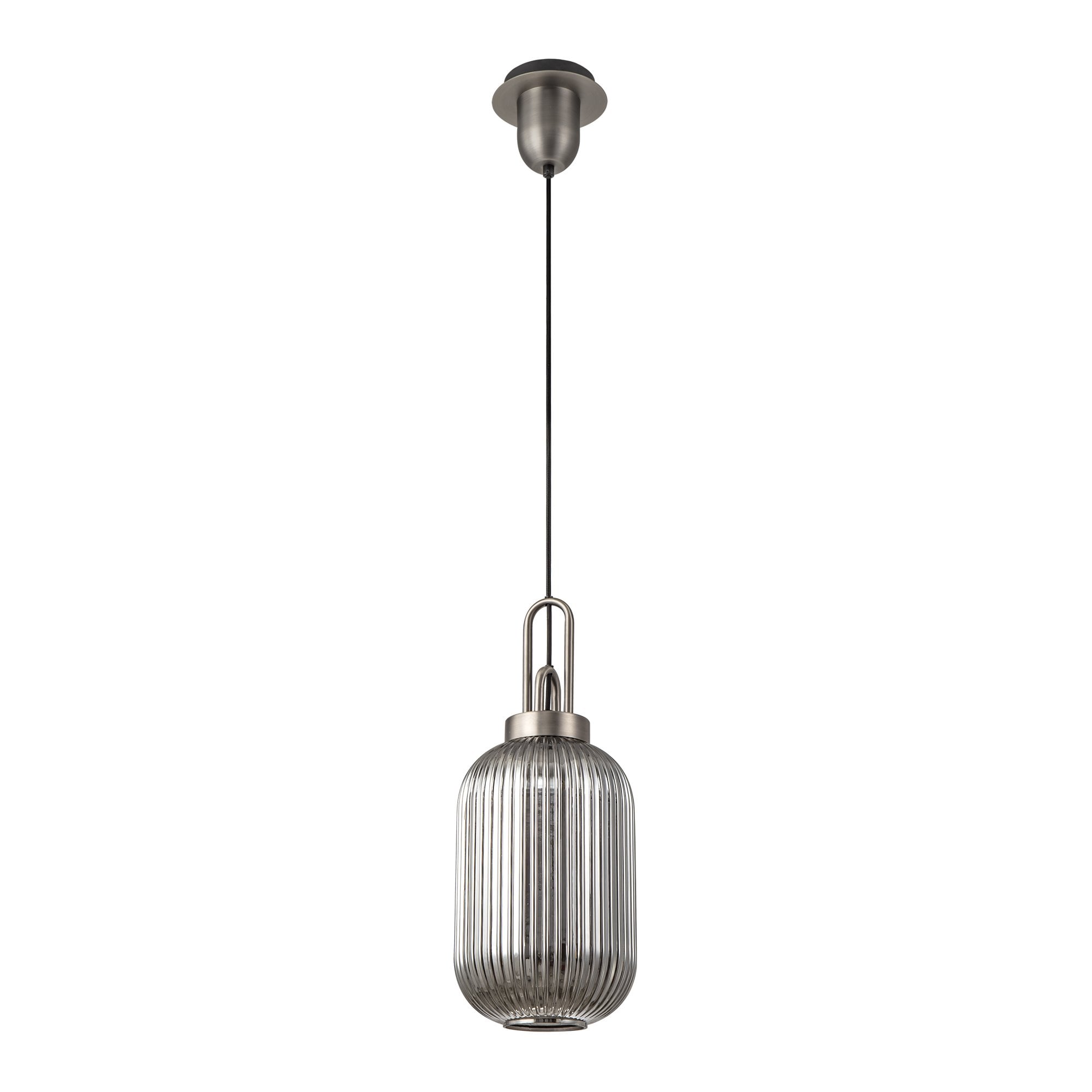 Fabula Springfield Single Pendant - 20cm Tubular Ribbed Glass Shade - Antique Silver & Smoked Glass
