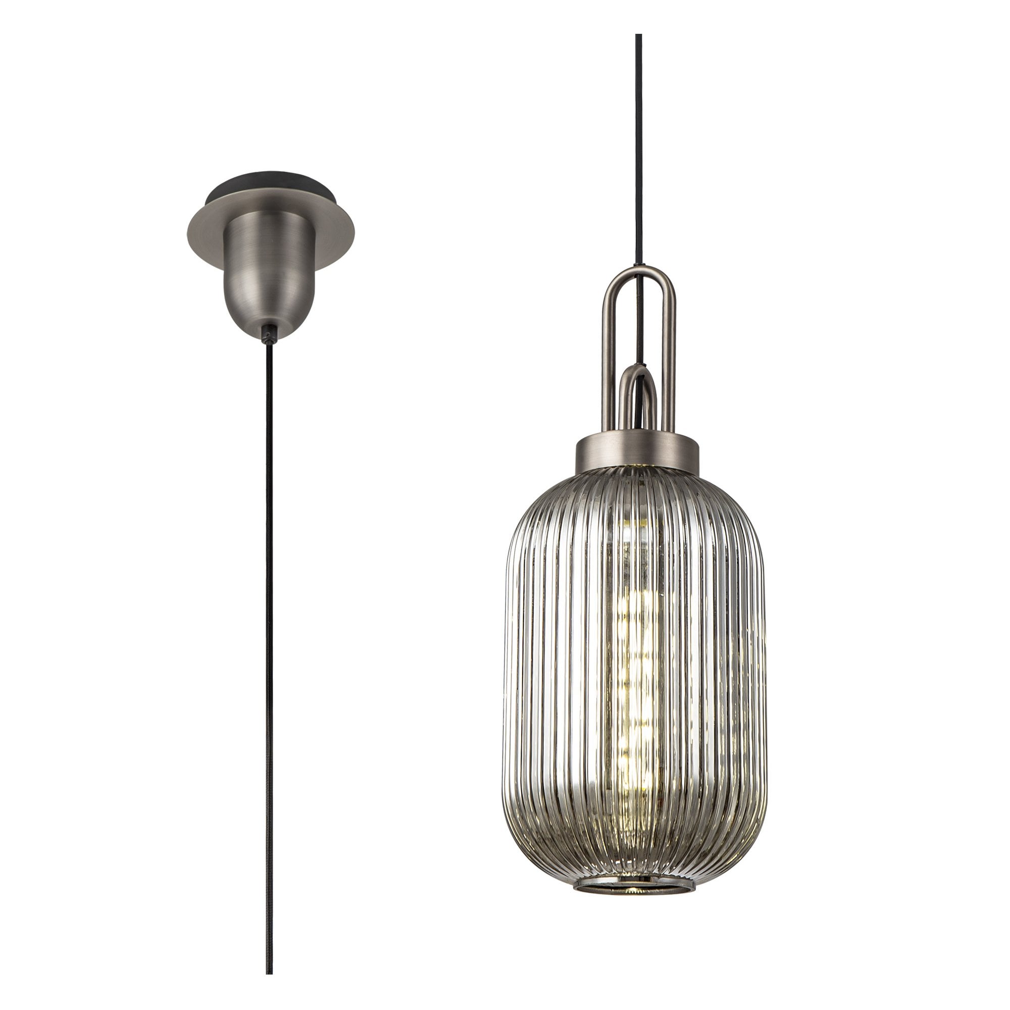 Fabula Springfield Single Pendant - 20cm Tubular Ribbed Glass Shade - Antique Silver & Smoked Glass