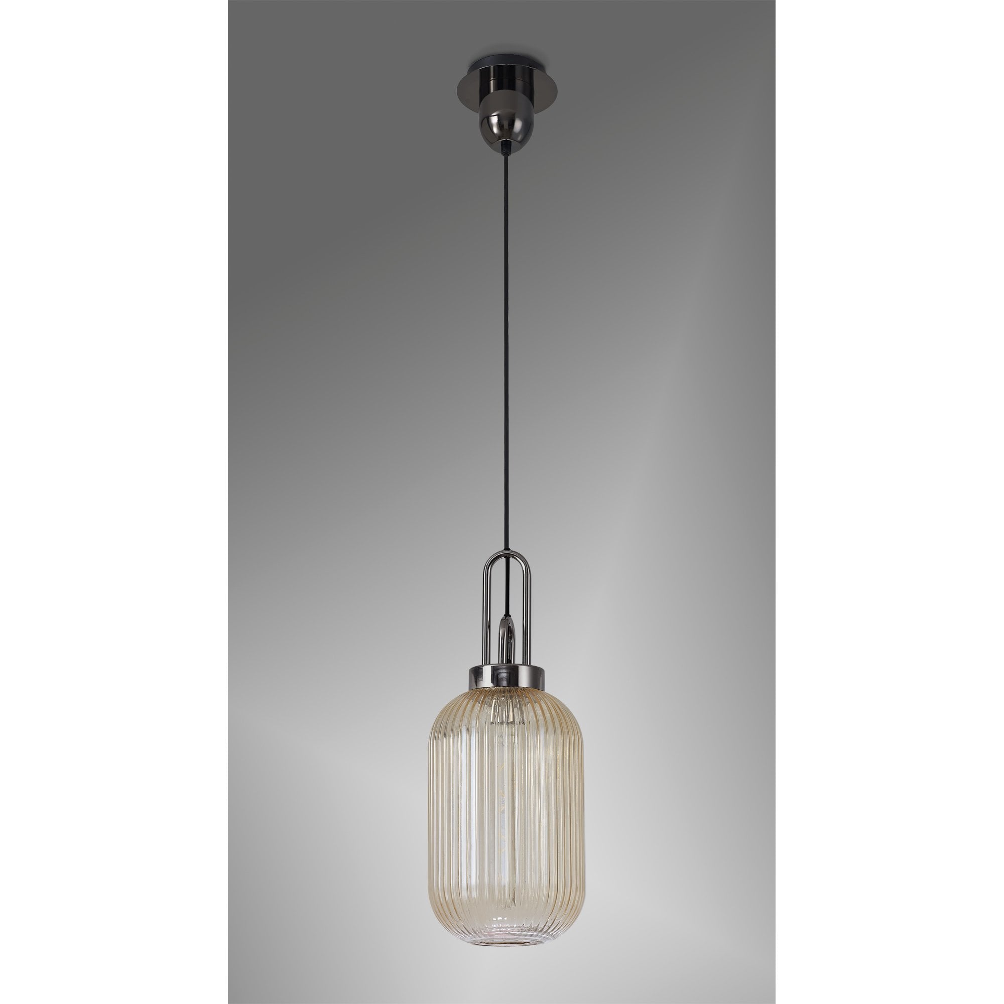 Fabula Springfield Single Pendant - 20cm Tubular Ribbed Glass Shade - Black Chrome & Champagne Glass