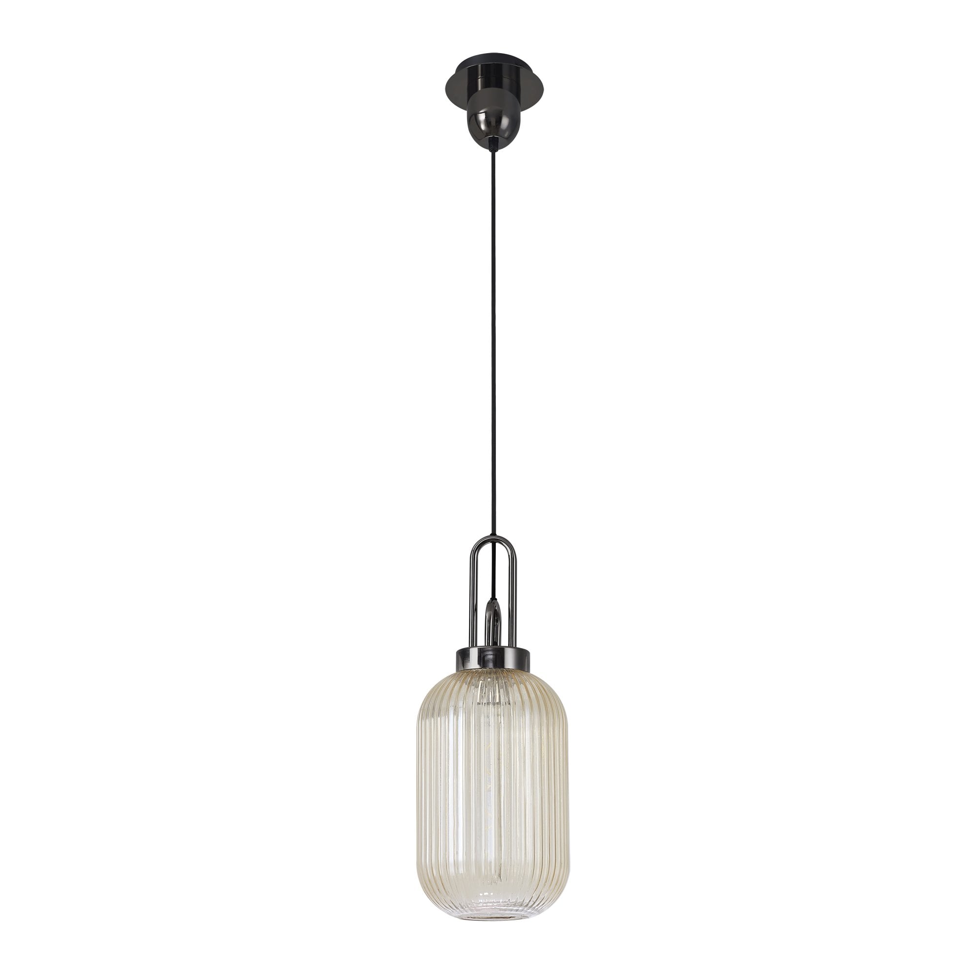 Fabula Springfield Single Pendant - 20cm Tubular Ribbed Glass Shade - Black Chrome & Champagne Glass
