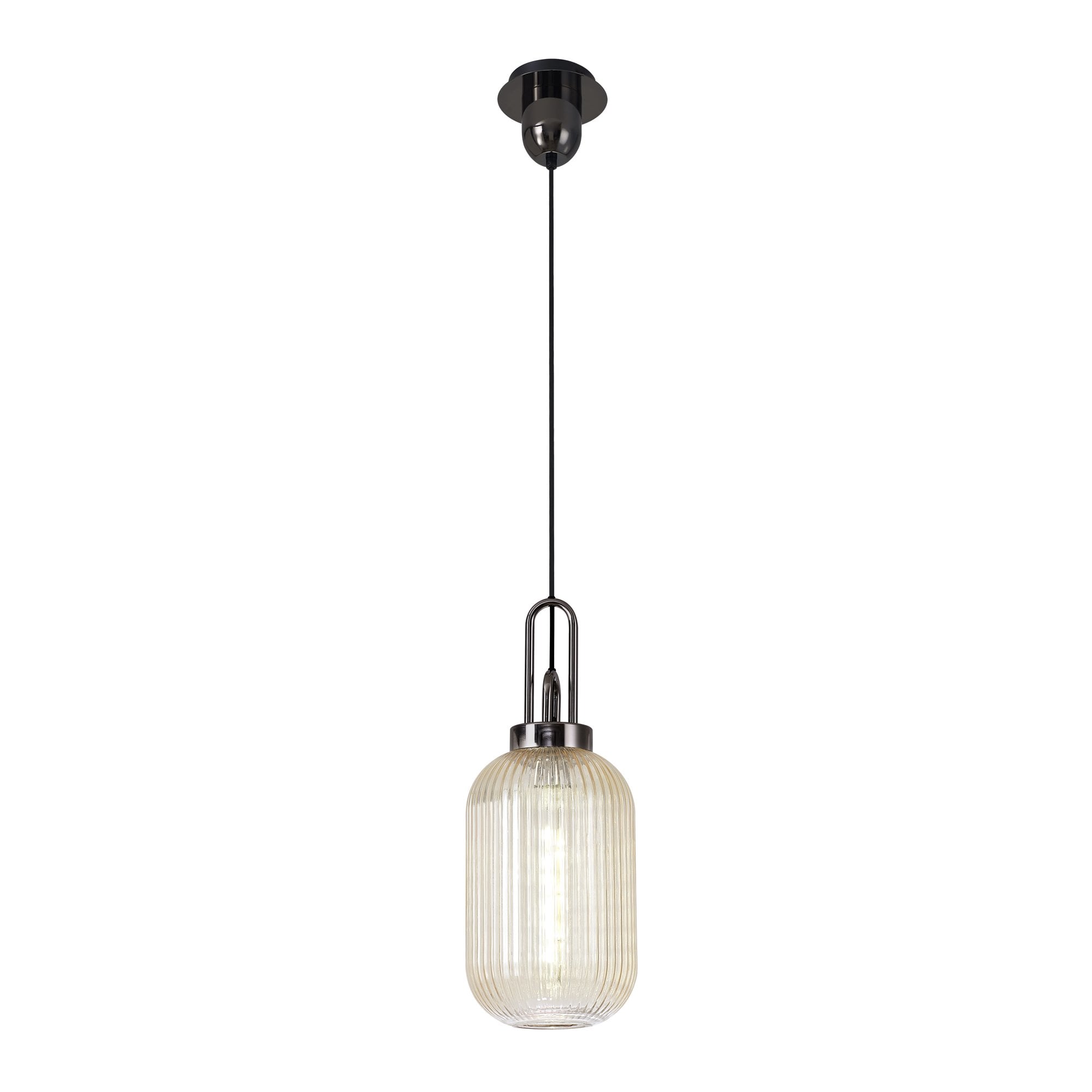 Fabula Springfield Single Pendant - 20cm Tubular Ribbed Glass Shade - Black Chrome & Champagne Glass