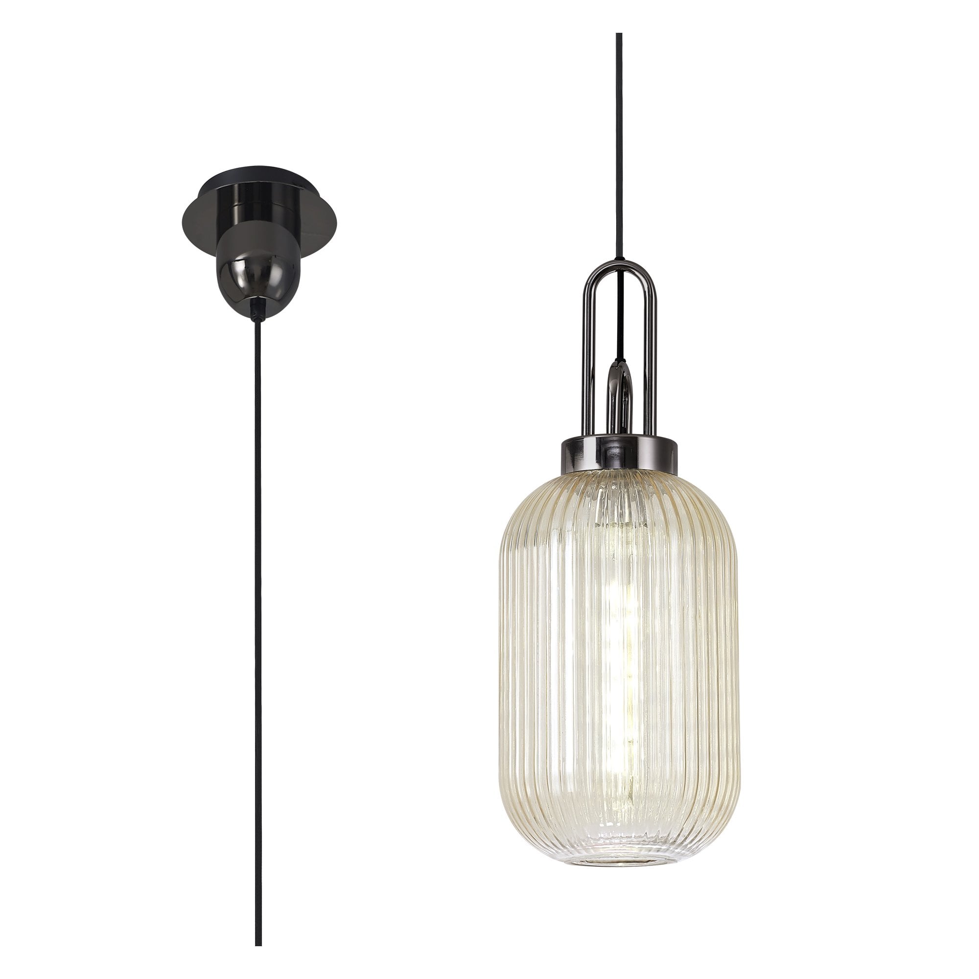 Fabula Springfield Single Pendant - 20cm Tubular Ribbed Glass Shade - Black Chrome & Champagne Glass